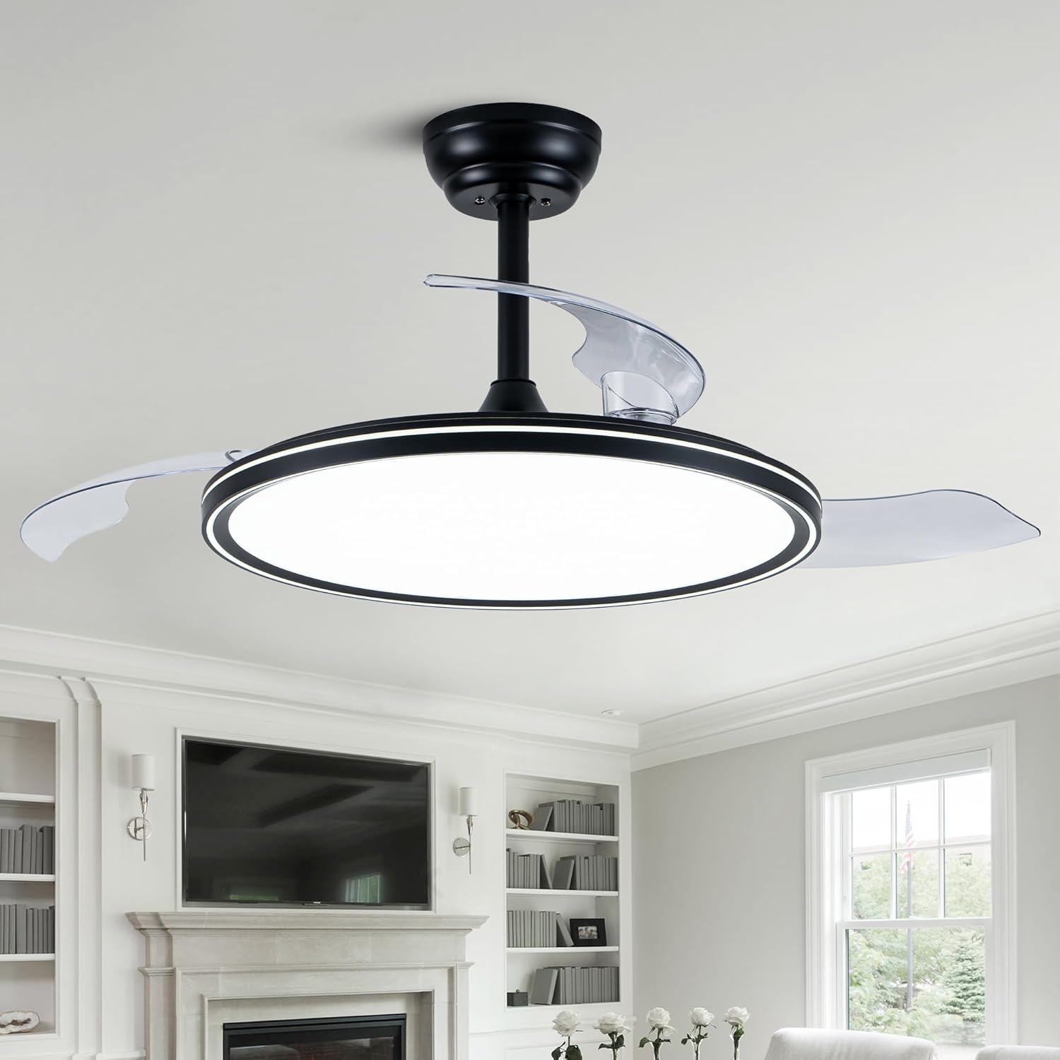 42 Inch Retractable Ceiling Fan with Lights and Remote/APP Control,6 Speed White Modern Ceiling Fan for Bedroom Living Room Dinning Room (White)