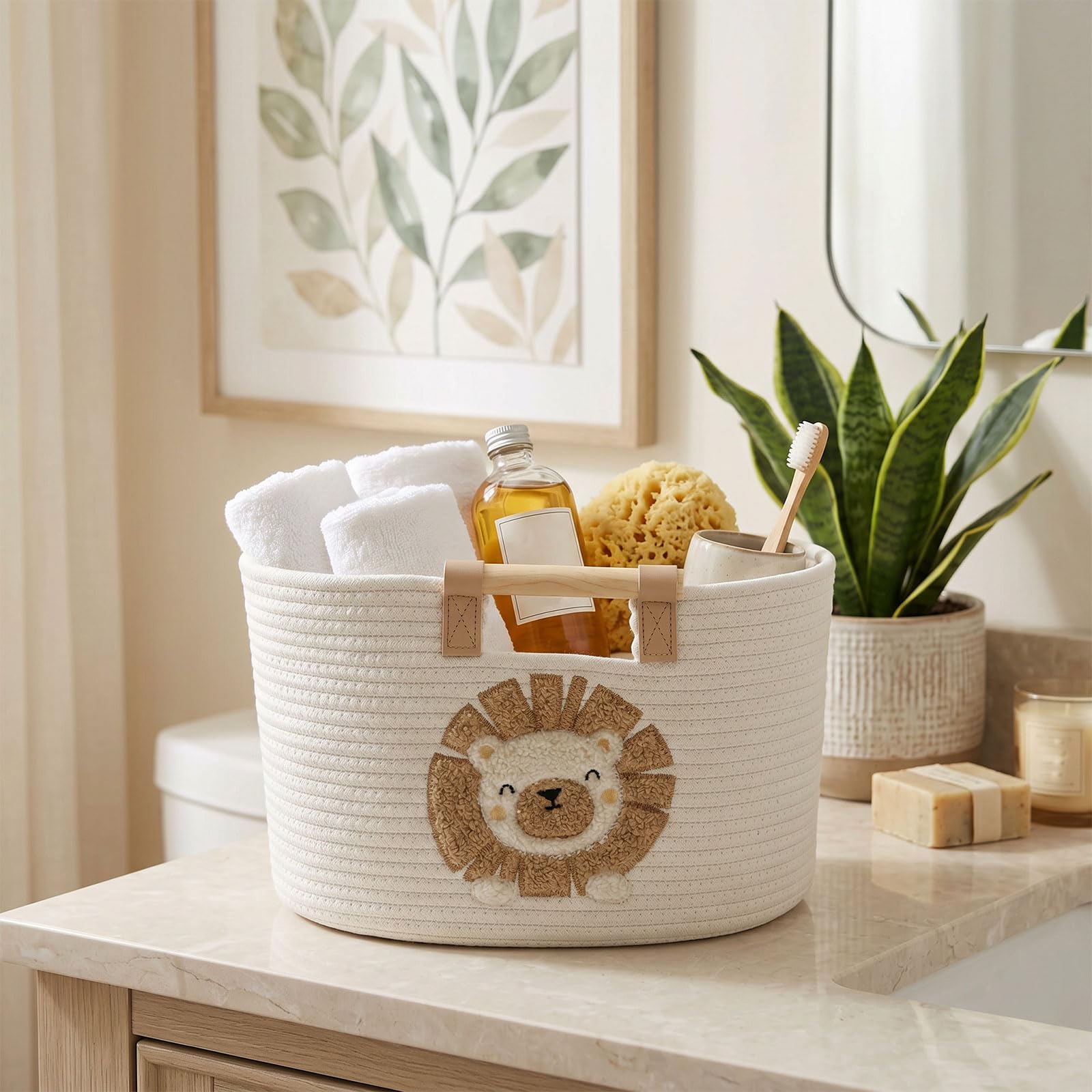 Cesta de almacenamiento de algodón, cesta trenzada con asas de madera, cestas decorativas lavables, cestas organizadoras multifuncionales para salón, baño y estantes (blanco/grande)