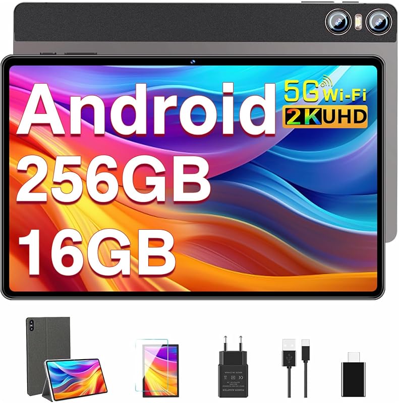 Tablet 11 Pulgadas Pantalla 2K PC 16GB RAM + 256GB ROM + TF 1TB, 10000 mAh/Octa-Core 2.0 GHz / 8MP+20MP+2MP Macro/ 2000 * 1200 Pixels / 5G WiFi/BT5.0/ Tablet con Funda Marrón