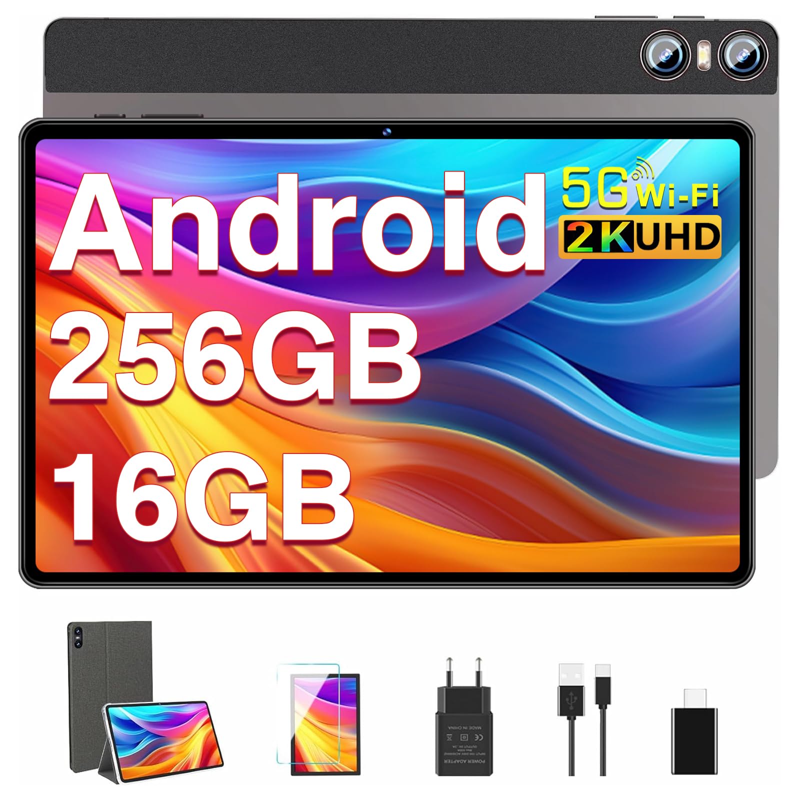 Tablet 11 Pulgadas Pantalla 2K PC 16GB RAM + 256GB ROM + TF 1TB, 10000 mAh/Octa-Core 2.0 GHz / 8MP+20MP+2MP Macro/ 2000 * 1200 Pixels / 5G WiFi/BT5.0/ Tablet con Funda Marrón