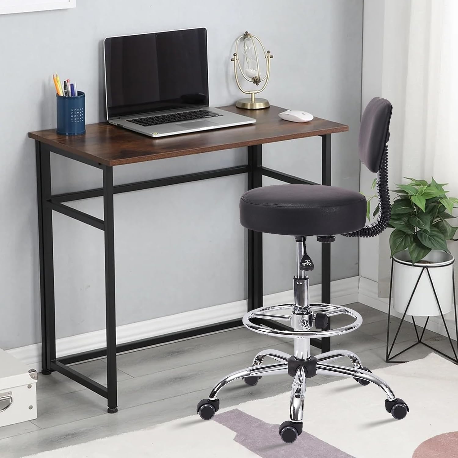 KLASIKA Drafting Stool Chair with Ergonomic Backrest & Footrest, Padded Leather Seat Adjustable Height 360° Swivel Rolling Stools, Tall Office Chair for Standing Desk, Spa, Counter, Medical, Black
