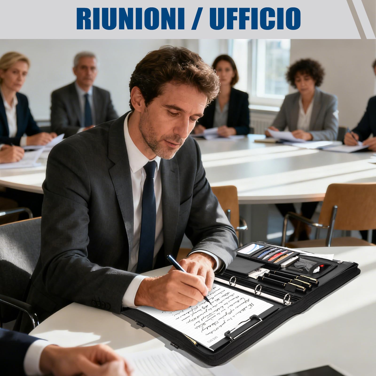 Cartella Portadocumenti A4 con Buste Trasparenti, Raccoglitore ad Anelli 4 con Manico Magnetico e Cerniera in Pelle Vegana