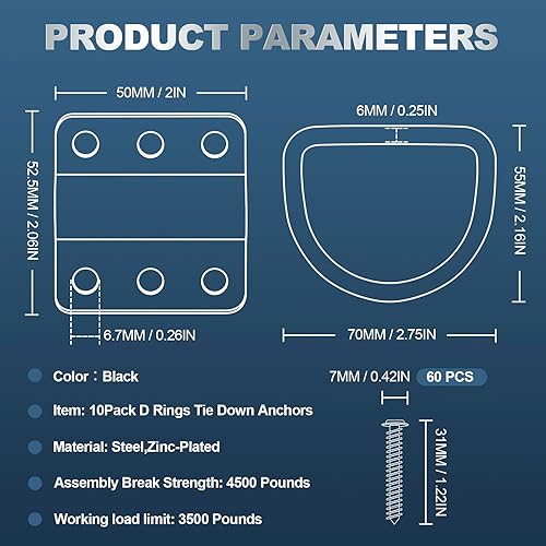 Miniatura 2 de Paquete de 10 anillos en D de acero resistente para amarre de carga, juego de ganchos de anillo en D con fuerza de rotura de 4500 lb para uso en