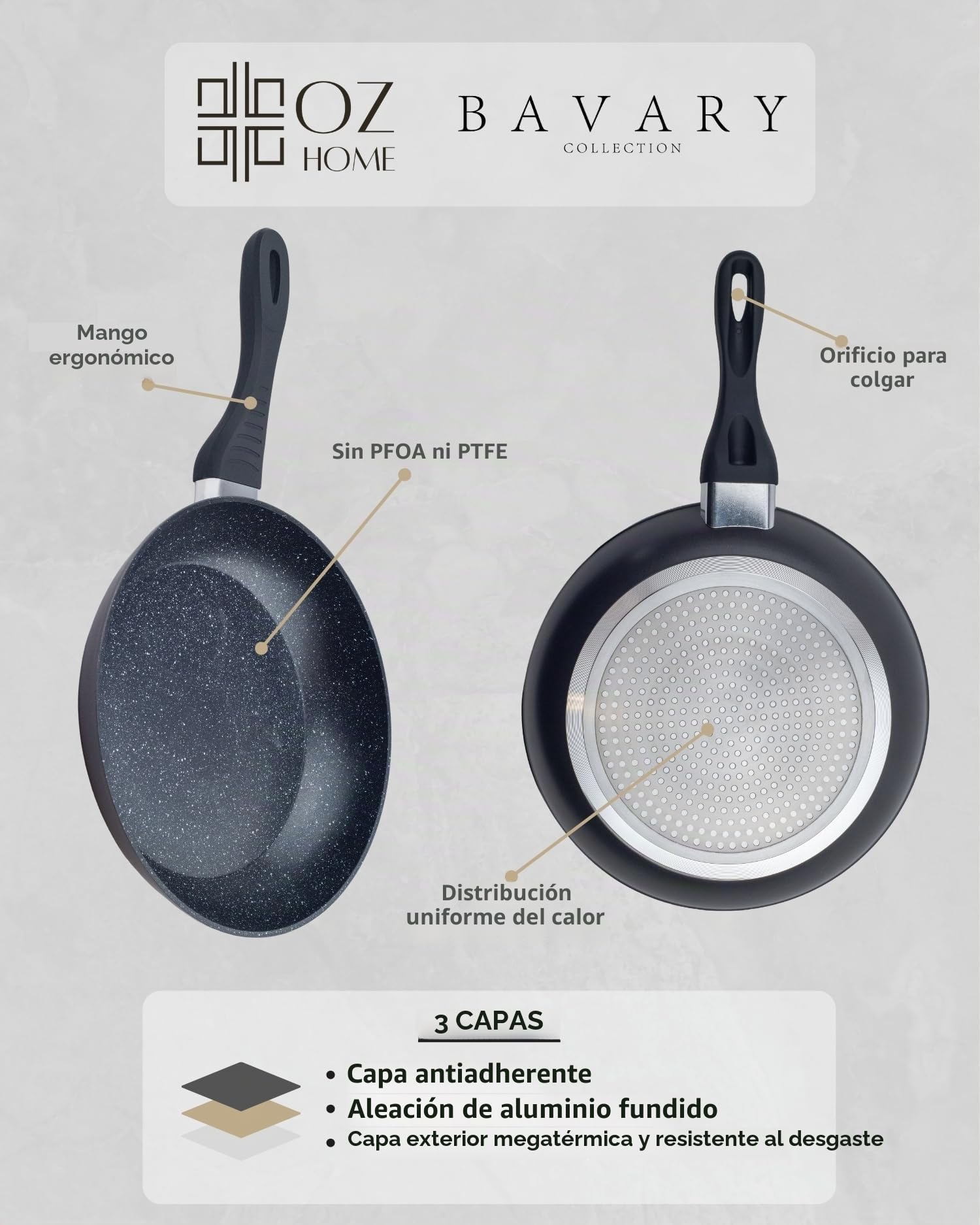 Bavary Juego de sartenes de 3 piezas 20/24/28 cm – Recubrimiento antiadherente de granito – Libre de PFOA y PTFE – Sartén de inducción – Aluminio fundido – Apto para todas las placas de cocción