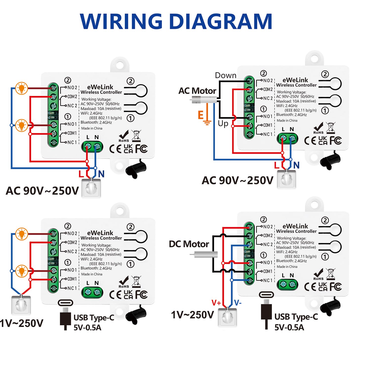 DieseRC Interrupteur Intelligent WIFI 2 canaux, AC 90V-250V 220V Sortie Passive Module Relais, Ewelink APP Contrôle WIFI compatible avec Alexa/Google Home, commutateur Inching/autobloquant