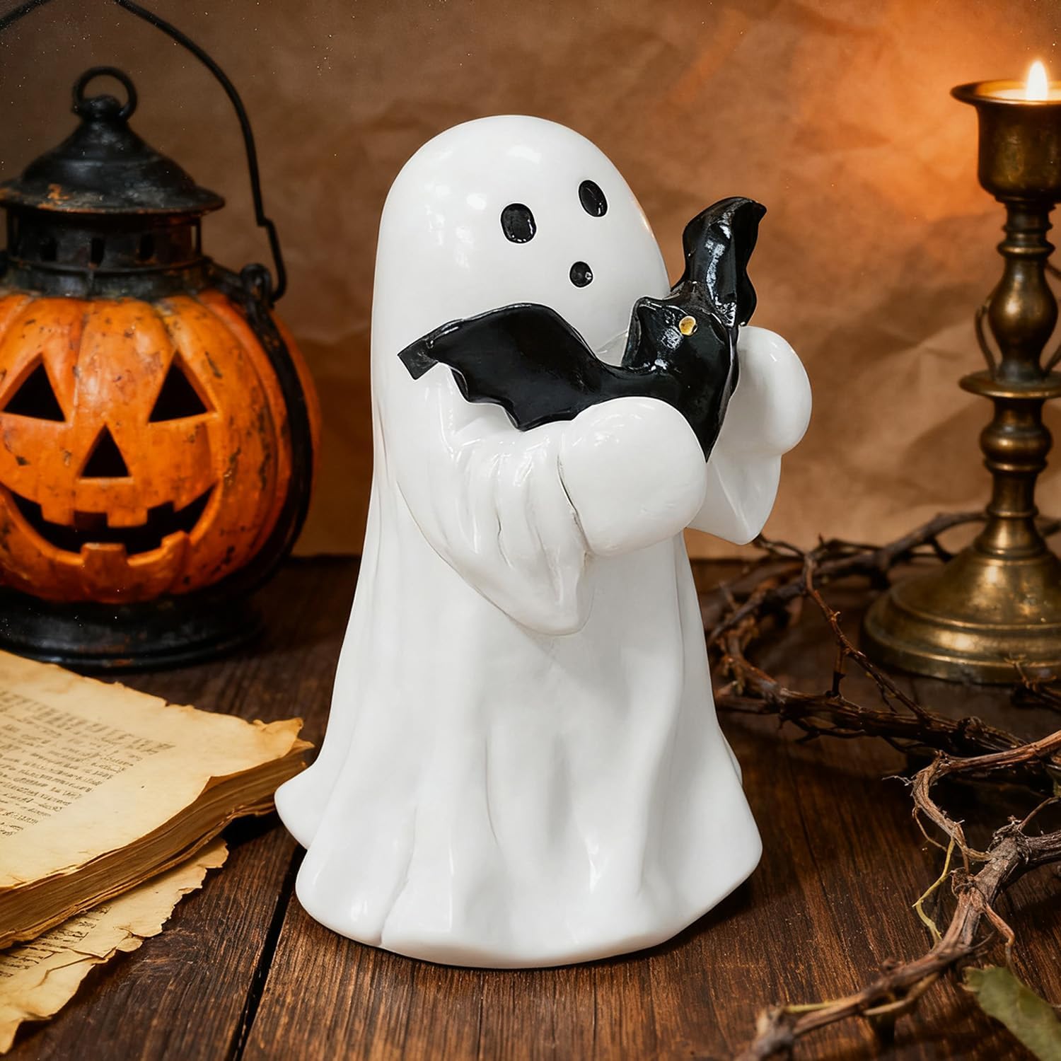Halloween Ghost Figurine, Halloween Decor Indoor, Spooky Resin Ghost Statue, Cute Bat Ghost Ornaments, Coffee Table Centerpieces Shelf Mantel Display, Christmas New Year's Gift Bat-ghost