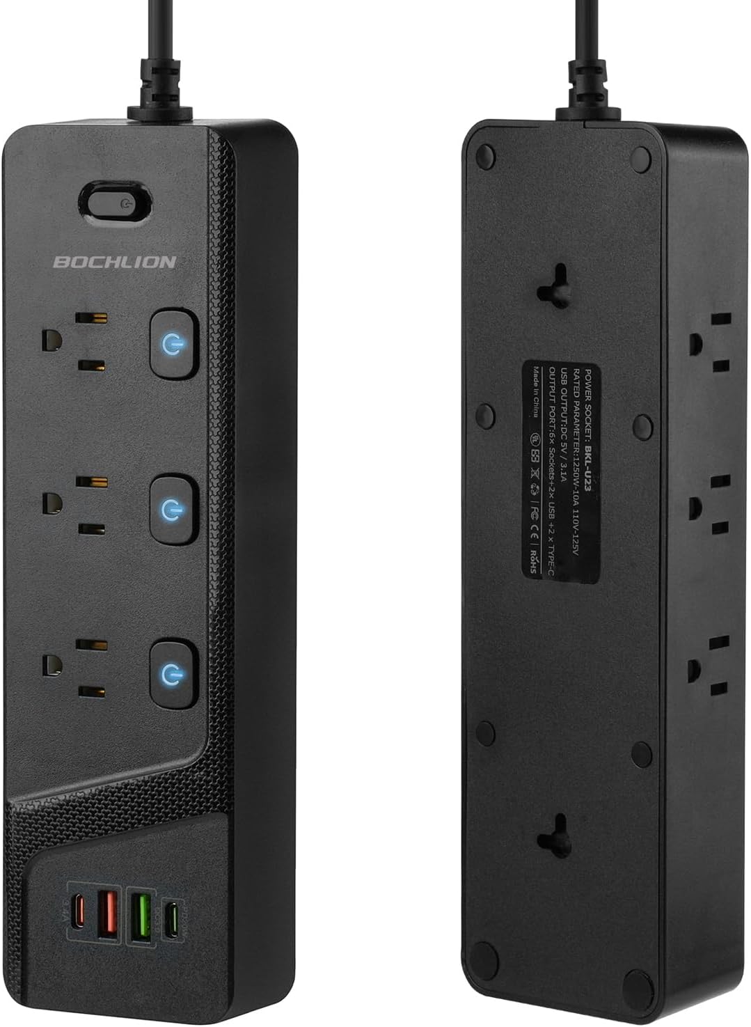 BOCHLON 6ft Extension Cord with MultipleOutlets, Flat Plug Power Plate with Long Cord, 6Ac Outlets,2 USB A(Qc3.0) and 2 USB-C(PD20W) Ports, Home Office Surge Protection (Black)