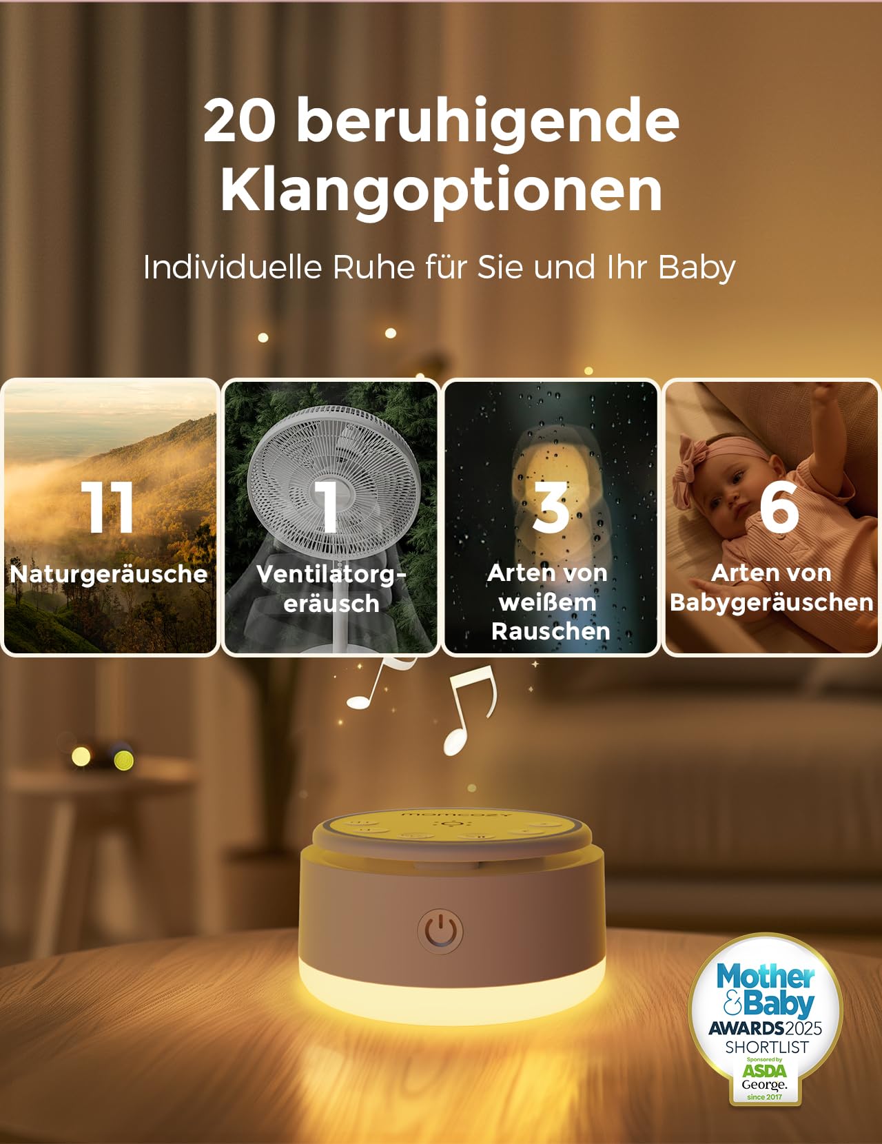 Momcozy Geräuschmaschine für Babys – 20 Beruhigende Geräusche und Touch-Licht, Tragbar Weißes Rauschen für Kinder und Erwachsene, Einschlaf-Timer und Erinnerung | Idealer Reisebegleiter (Gelb)