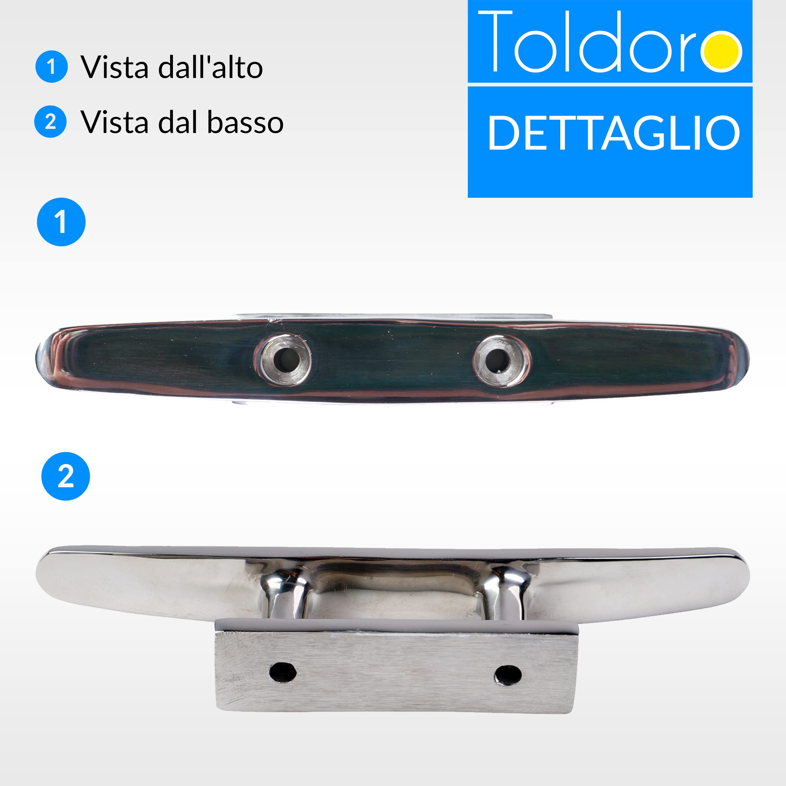 Toldoro, galloccia con fissaggio a 2 buchi, gancio per corda, ormeggio di barche a vela, windsurf, ganci fissa-corda per attracco barca
