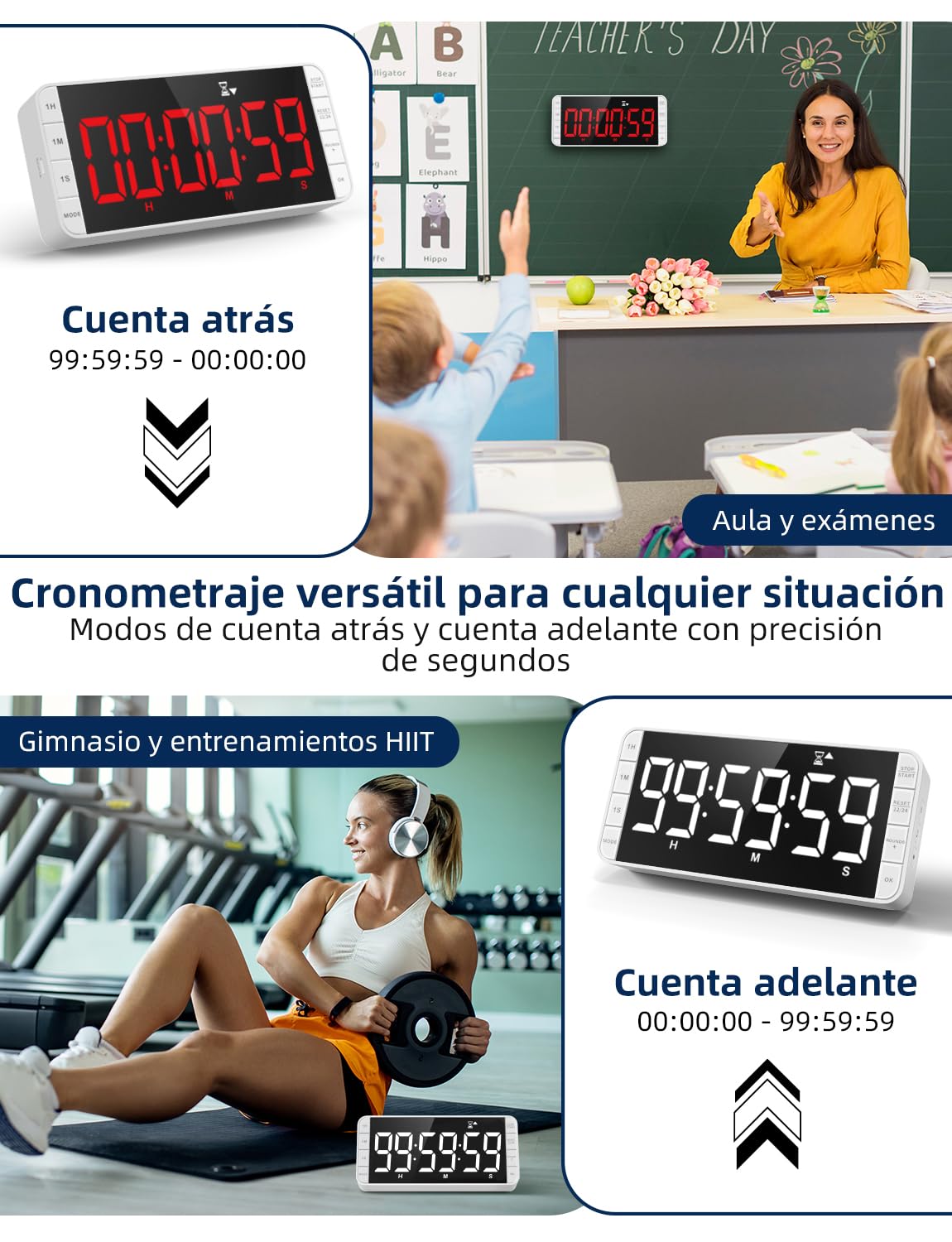 Temporizador Cocina: 99h 59min 59sec, Cuenta reg./Prog., Recargable, Digital con intervalos, LED 7.8'' Grande, 3 Brillos, 5 alarmas, 4 volúmenes, magnético para aulas (Blanco)