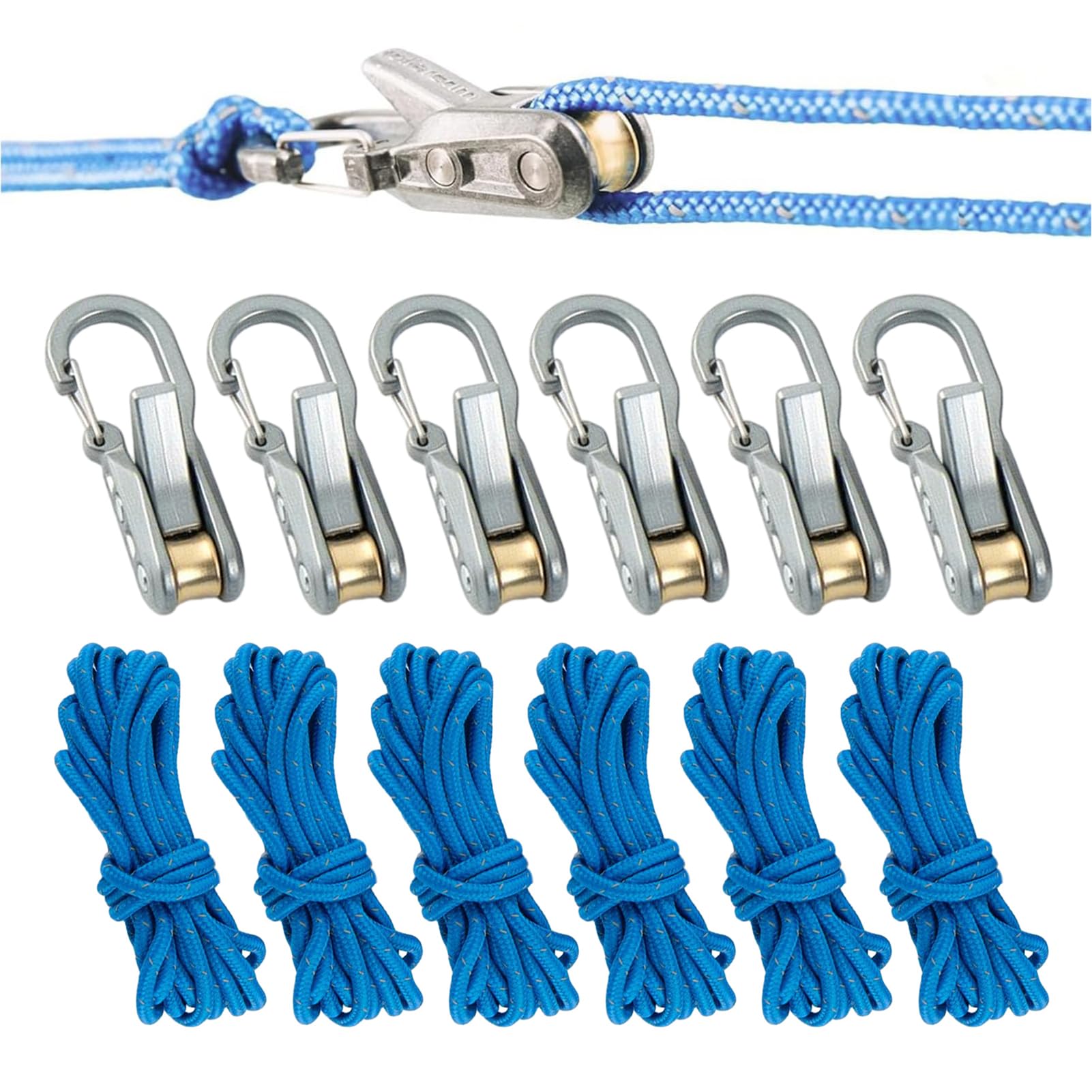 Nyxifylo Blue Retractable Rope Roller Ratchet Straps Set, Knot-Free Camping Rope Tightening Tool With Cam Lock, Paracord Rope Pulley Tensioner Clips, 6-Pack Outdoor Tools (6)