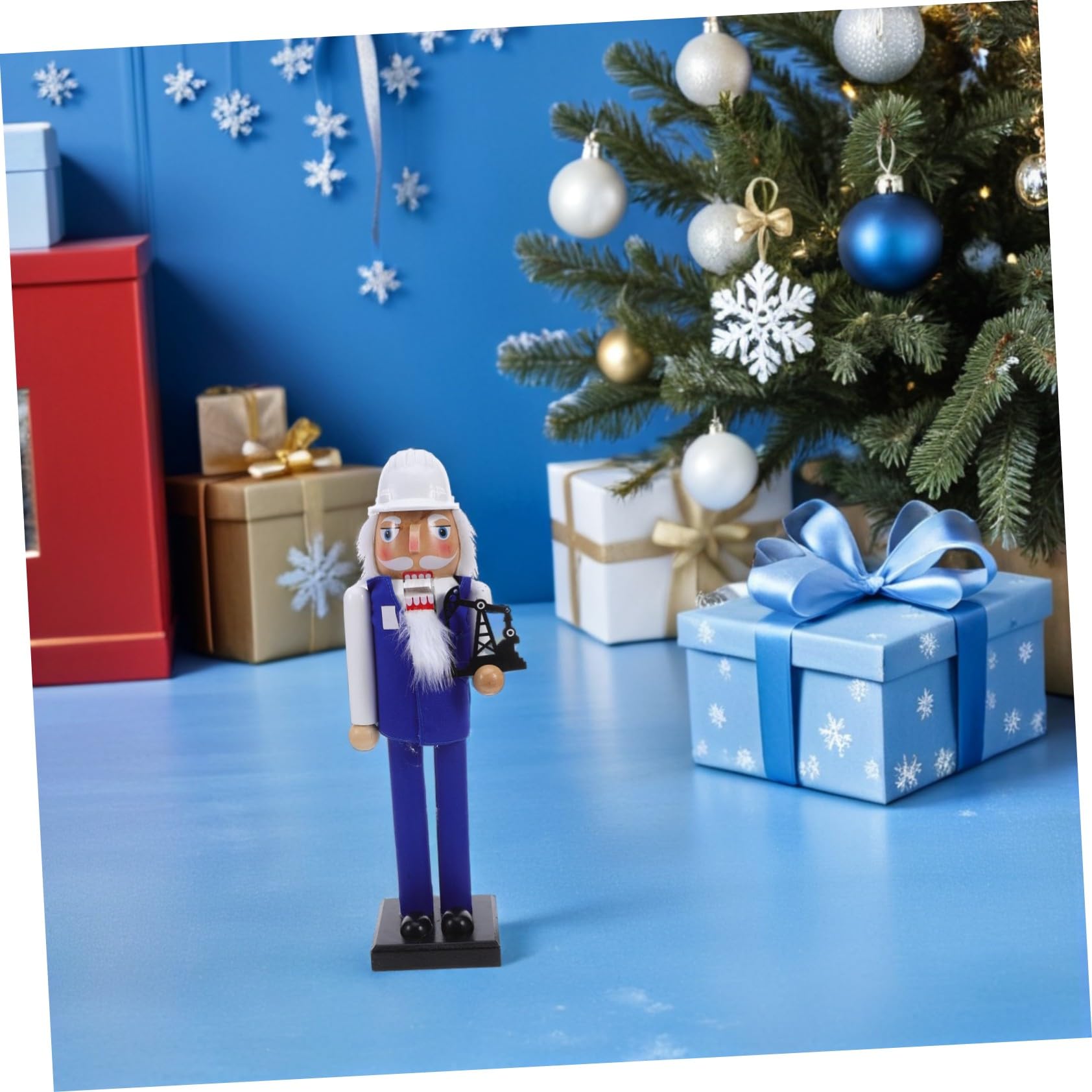Decorazione Natalizia Soldatino Ingegnere del Petrolio in Legno Pupazzo Schiaccianoci Dipinto a Mano Statua da Tavolo per Festa di Natale e Ornamentazione Festiva Blu