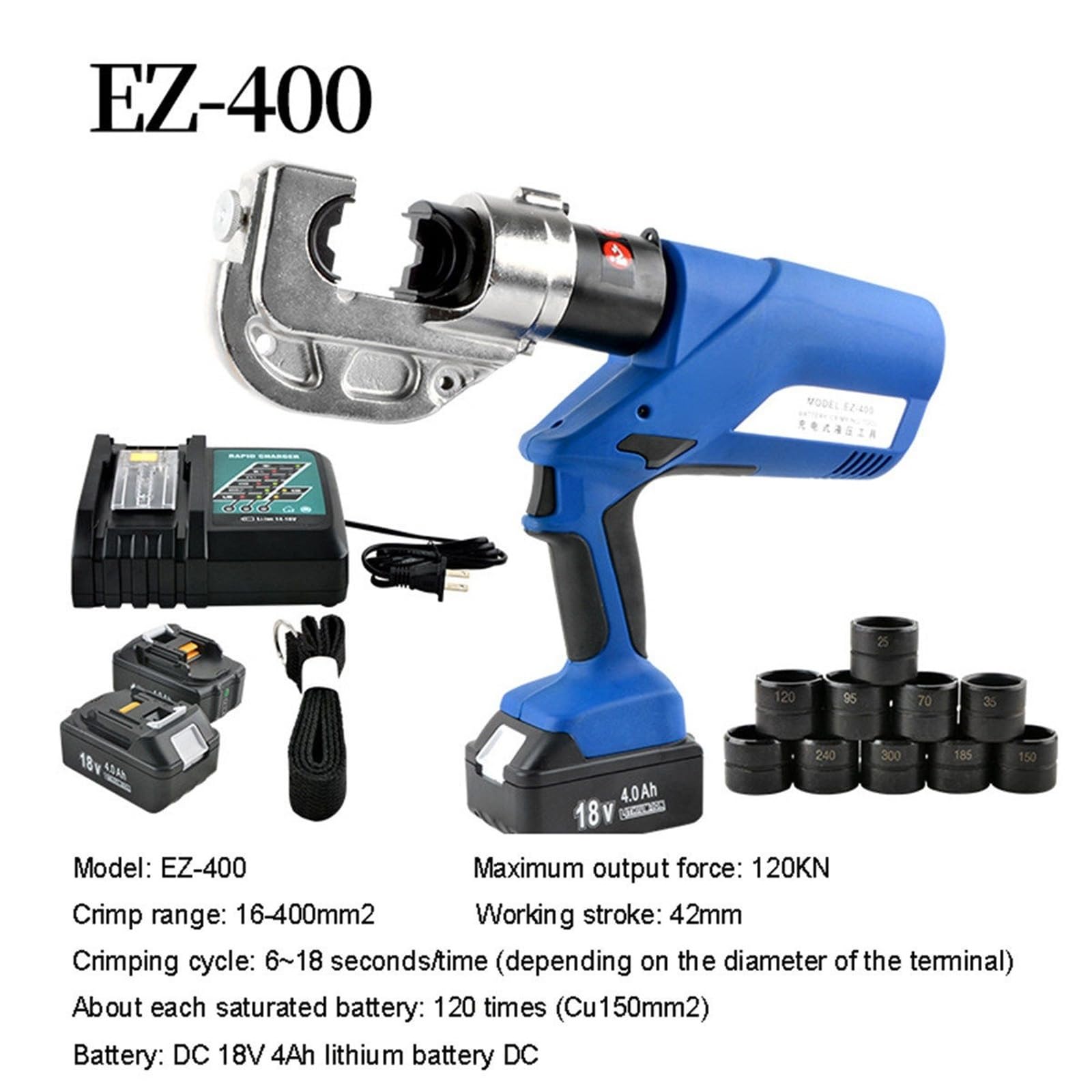 Herramienta de Crimpado Hidraulica Electrica 18V - 16-400mm² con 2 Baterias para Terminales Cobre Aluminio - Pantalla Digital - Rotacion 360 - LED - Prensado Rapido 6-18s