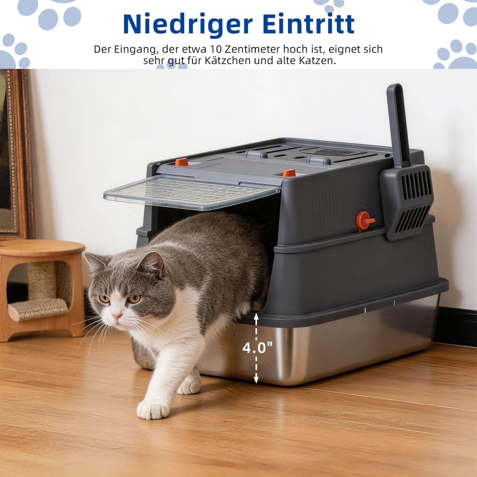 Edelstahl Katzenklo mit Deckel – Kleine geschlossene Katzentoilette mit hohen Seitenwänden für Neugeborene & Junge Kätzchen, leicht zu reinigender Klappdeckel, ideal für kleine Katzen
