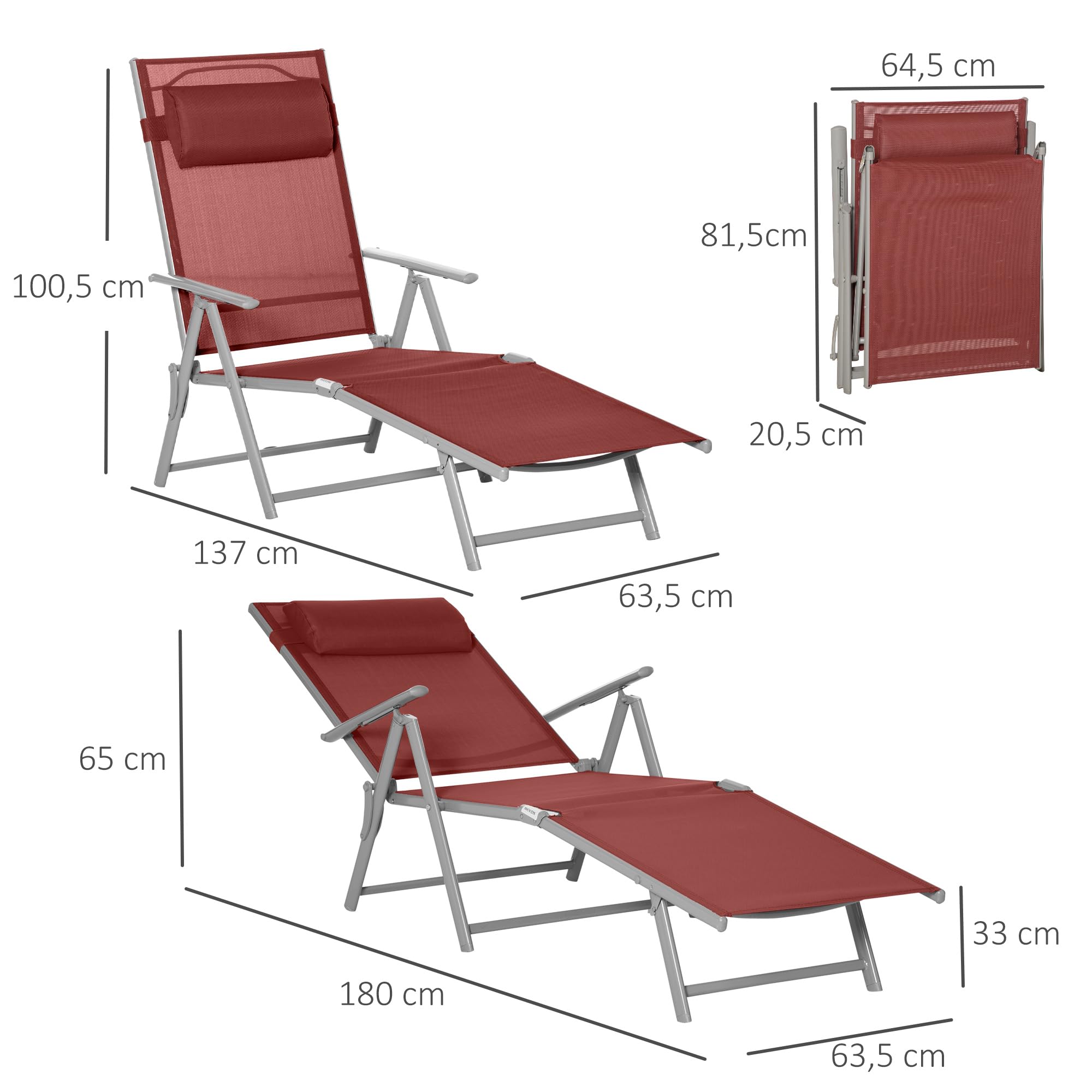 Malatec Luxe Ligstoel Met Hoofdsteun & Voetsteun - Verstelbare Rugleuning -s Zonnebed Relaxstoel Voor Tuinterrasstrandbalkonzwembadcamping Inklapbaar Weerbestendig Grijs