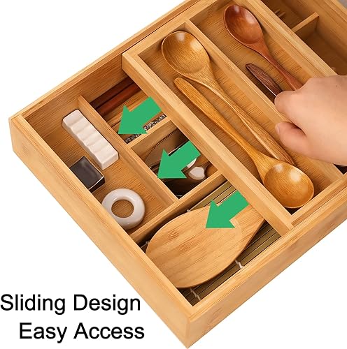 Miniatura 3 de Organizador de cajones de bambú de doble capa, organizador de utensilios de cocina, bandeja de cubiertos, bandeja de utensilios extraíble, con