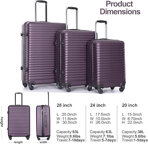 Miniatura 5 de Juego de maletas duraderas de viaje con ruedas giratorias TSA, equipaje de mano, juego de 3 piezas (20 pulgadas24 pulgadas28 pulgadas), Berenjena,