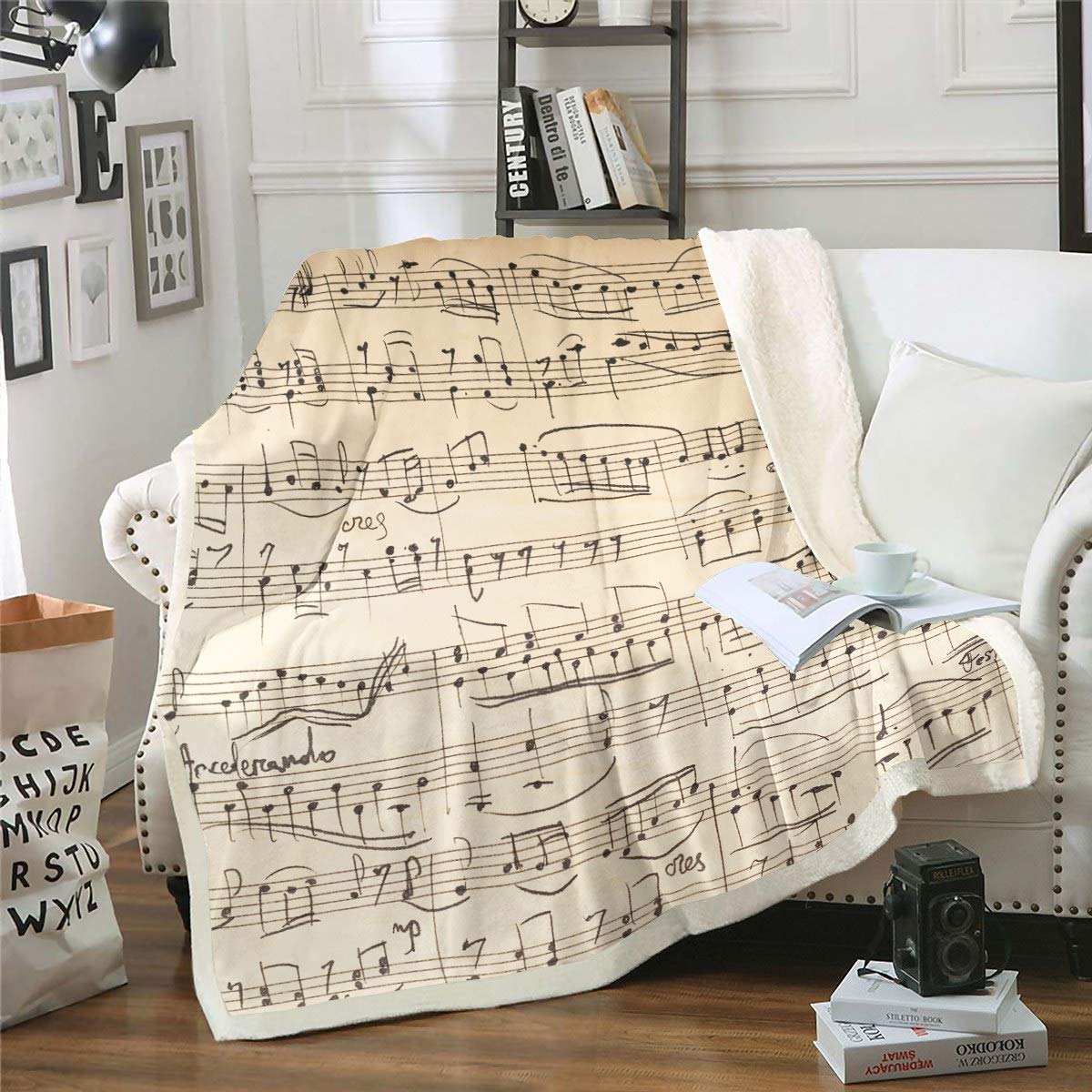 Loussiesd Musical Note Pattern Fleece Blanket Classic Music Themed Throw Blanket for Couch Bed Sofa Retro Staff Style Sherpa Blanket Stain Resistant Geometric Stripe Room Decor Single 50"x60" Blanket