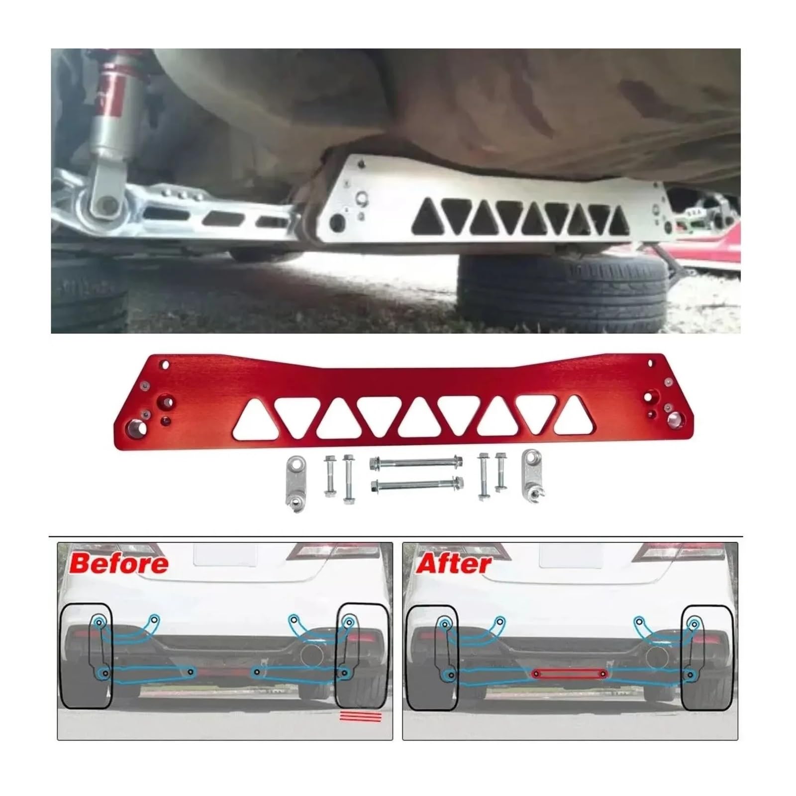 Billet Aluminium REAR SUBFRAME BRACE+TIE BAR+Rear Lower Control Arm Compatible For Honda Civic EG 92-95(Red)