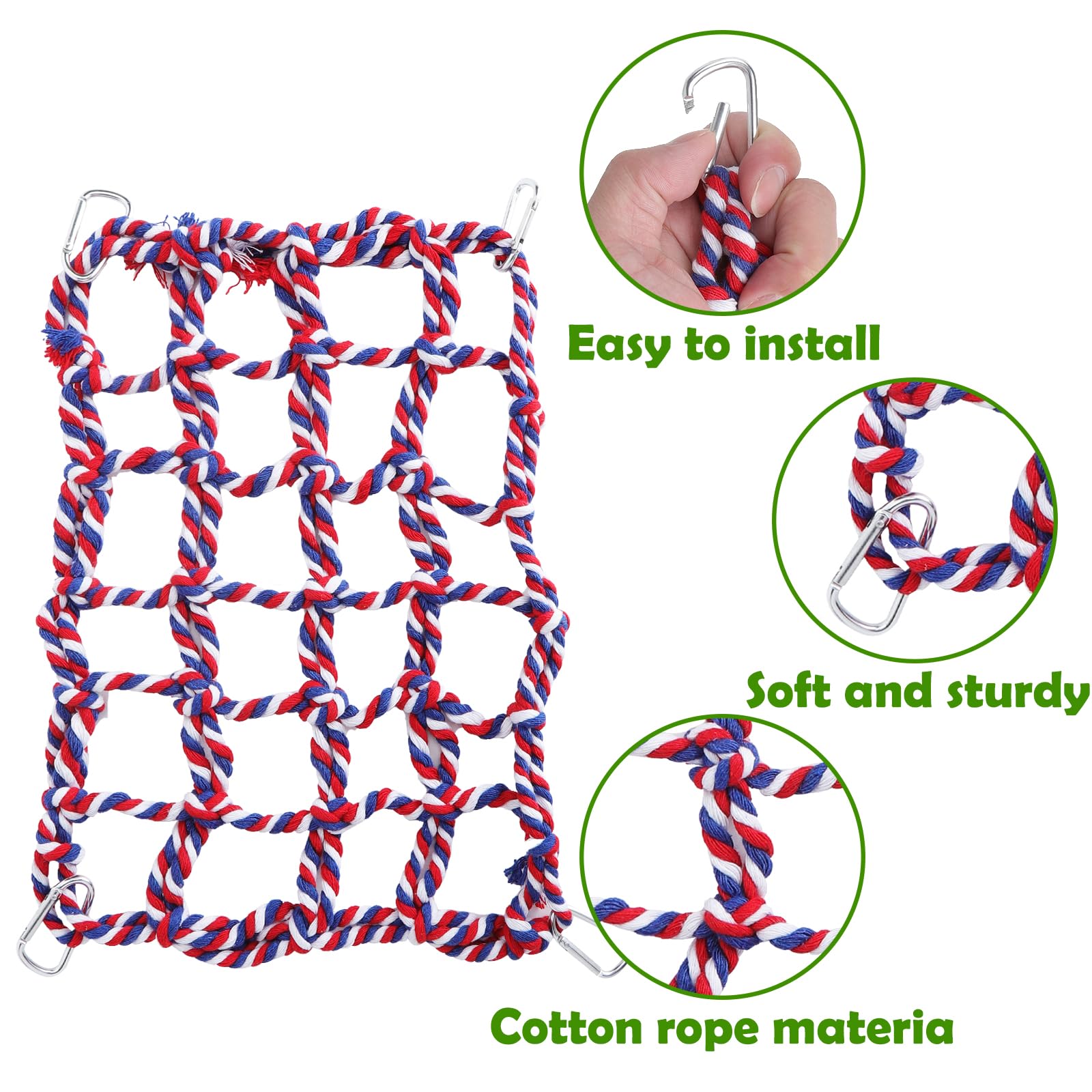 Lot de 2 Filets d’Escalade colorés en Coton pour Petits Animaux – Accessoires pour Cage de Rat avec 4 Crochets – hamac pour Rat, Perroquet, Hamster et Furet – Filet Suspendu Durable et Lavable