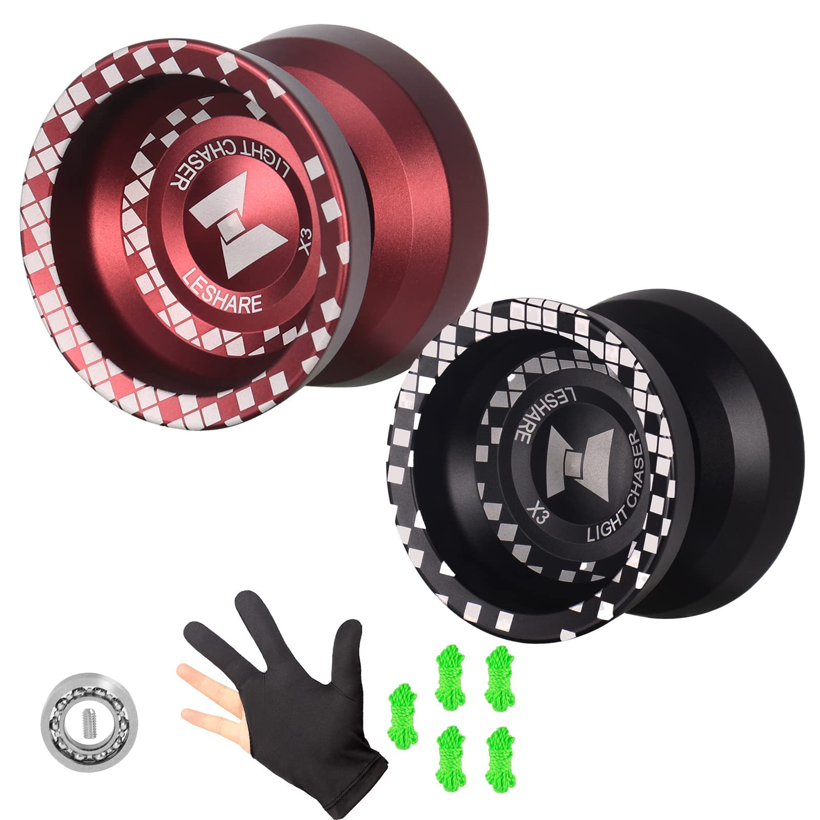 LESHARE X3 Red Aluminium Responsive Unresponsive Yoyo + LESHARE X3black Professional Unresponsive Yoyo with Replaceable Responsive Bearings + 10 Strings and 2 Yo-Yo Gloves Gift
