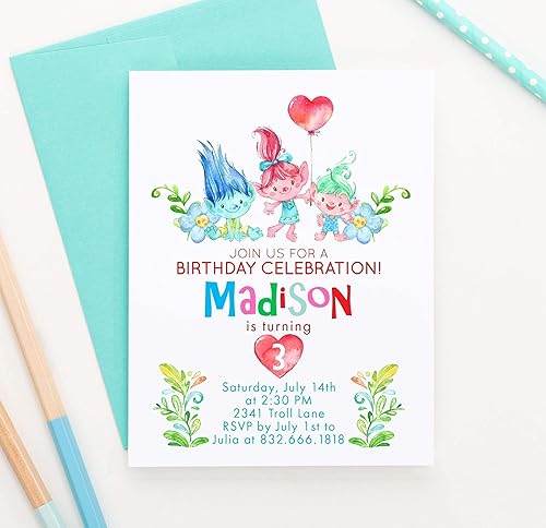 Miniatura 4 de Modern Pink Paper Personalized Trolls Birthday Party Invitations, Trolls birthday invite, Girls birthday invitations, Your Choice of Quantity, Age,
