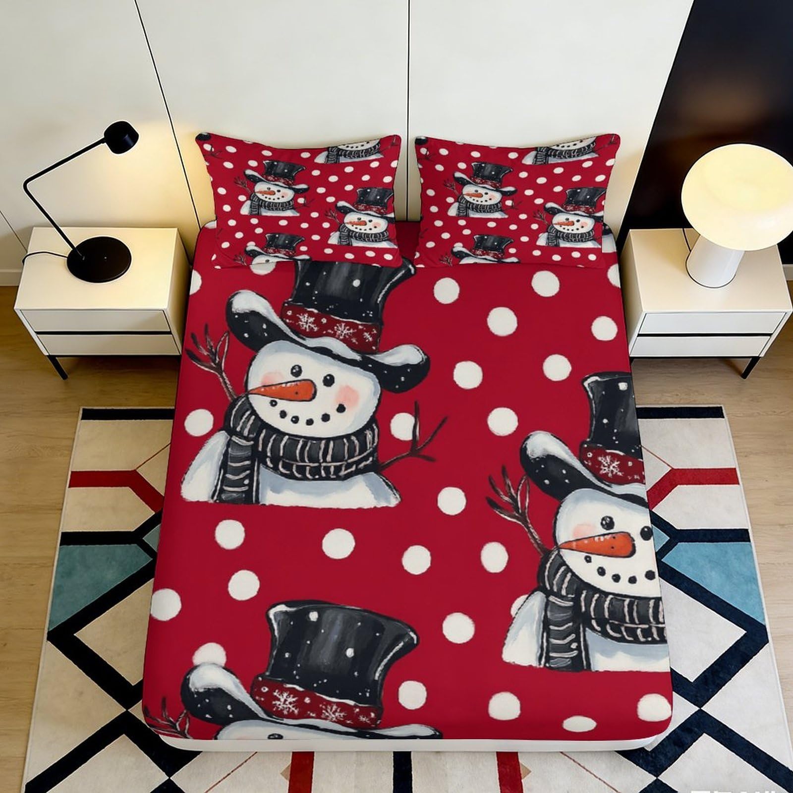 3D Printed Snowman Fitted Sheet Microfiber Deep Pocket Bedroom Bedding Snowman Mattress Fitted Cover Elastic Hem Washable 200x200x25cm 90x200x25cm