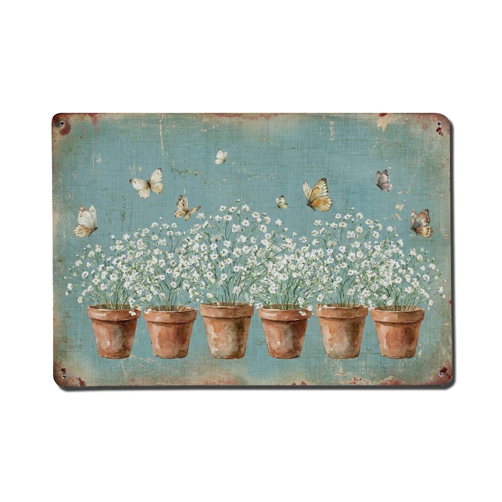 Vintage Rustic Flower Potted Plants Gypsophila Metal Tin Sign