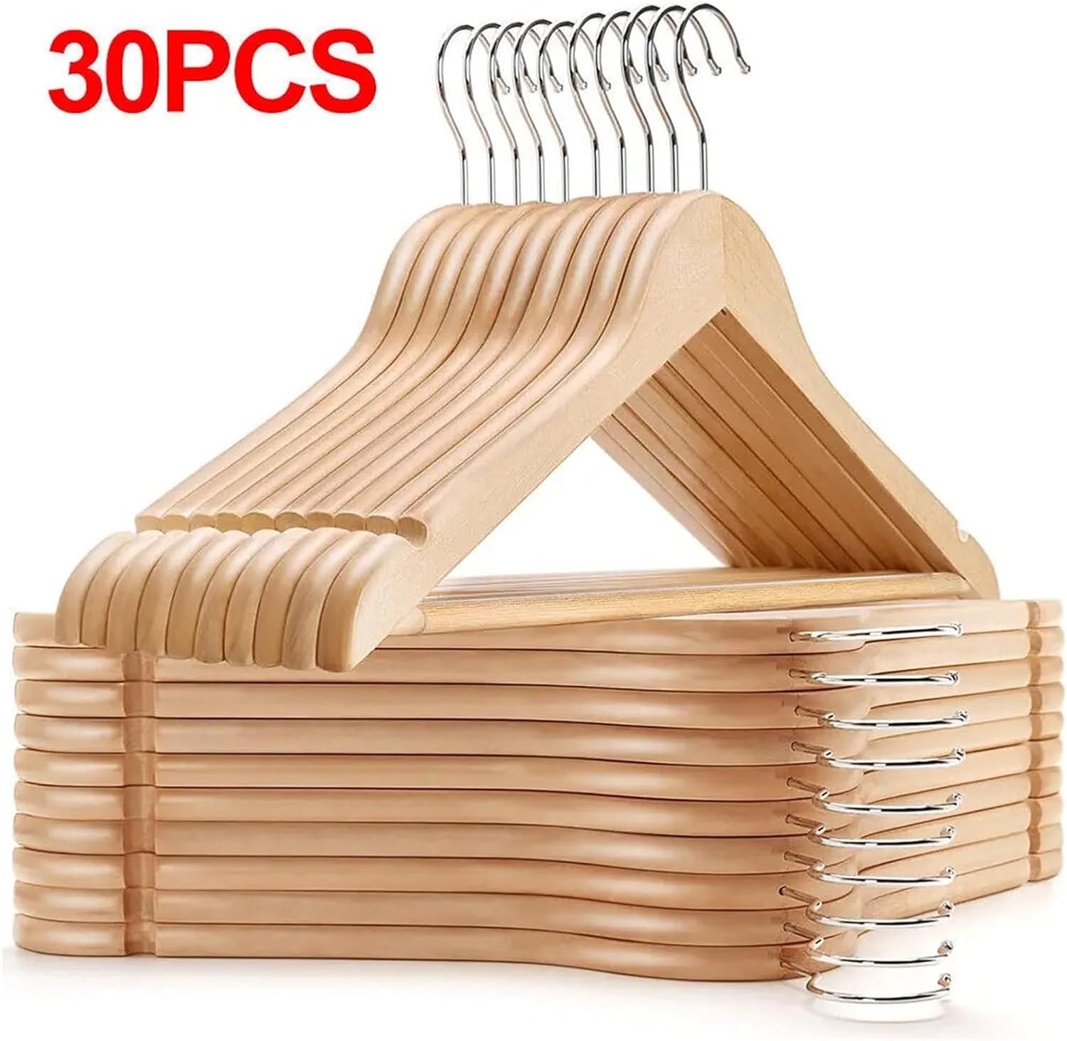 30Pcs Wooden Coat Hangers Suit Garments Clothes Wood Hanger Trouser Bar Set