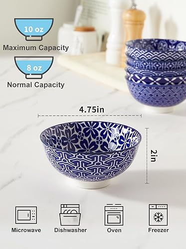 Miniatura 2 de Tazones azules y blancos, cuencos de cerámica para postre de 10 onzas, juego de cuencos de porcelana para helado, cuencos decorativos para