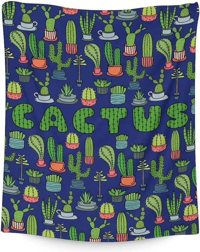 Cactus Throw Blanket - Soft, Fuzzy & Warm - 30x40 Inches Small Blankets for Lap, Crib - Dark Blue Aesthetic Throws Gift for Cactus Lovers