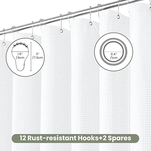 Miniatura 2 de Inhousolu Cortina de regadera de tela gofre, 230 GSM resistente, dobladillo pesado, 14 ganchos de metal, repelente al agua, lavable a máquina, juego
