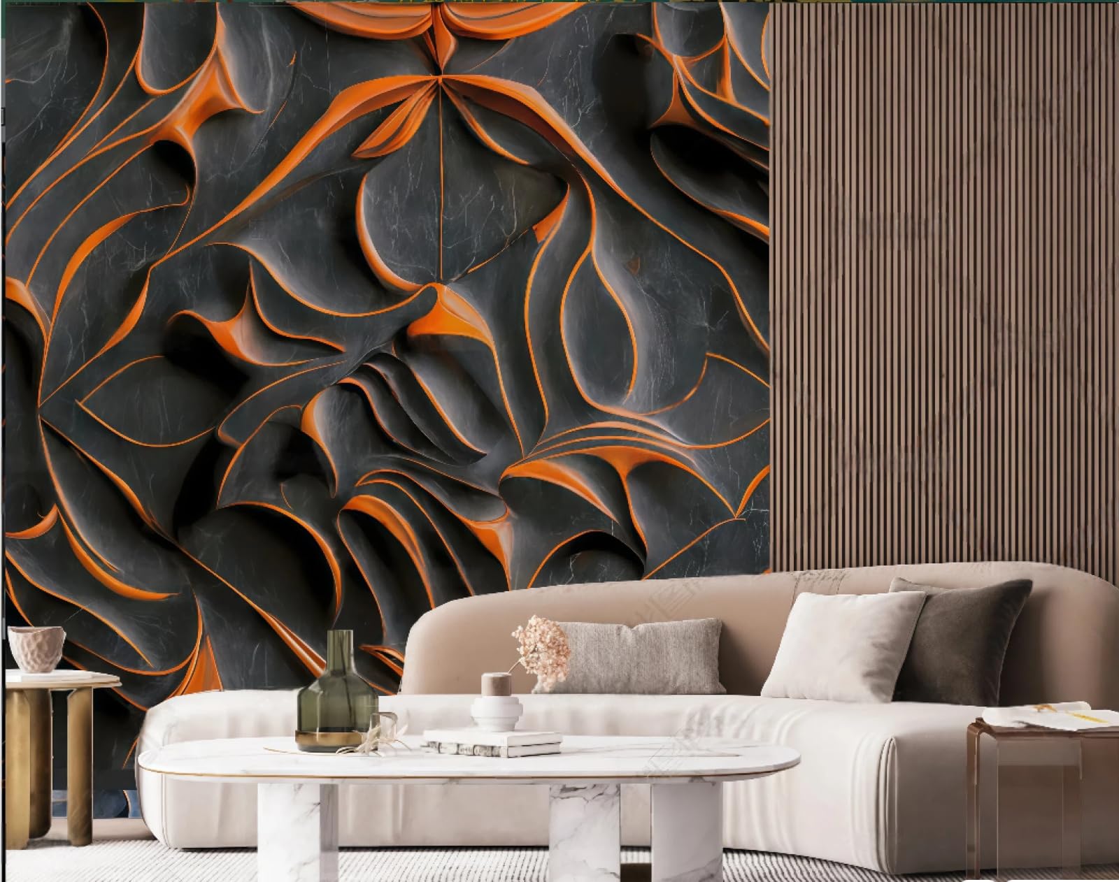 Tapeta sztuka nowoczesna rzeźba pomarańczowe płatki ulga abstrakcyjny czarny marmurowy wzór TV sofa tło tapeta ścienna salon restauracja kawiarnia mural, 3D, 250 x 175 cm