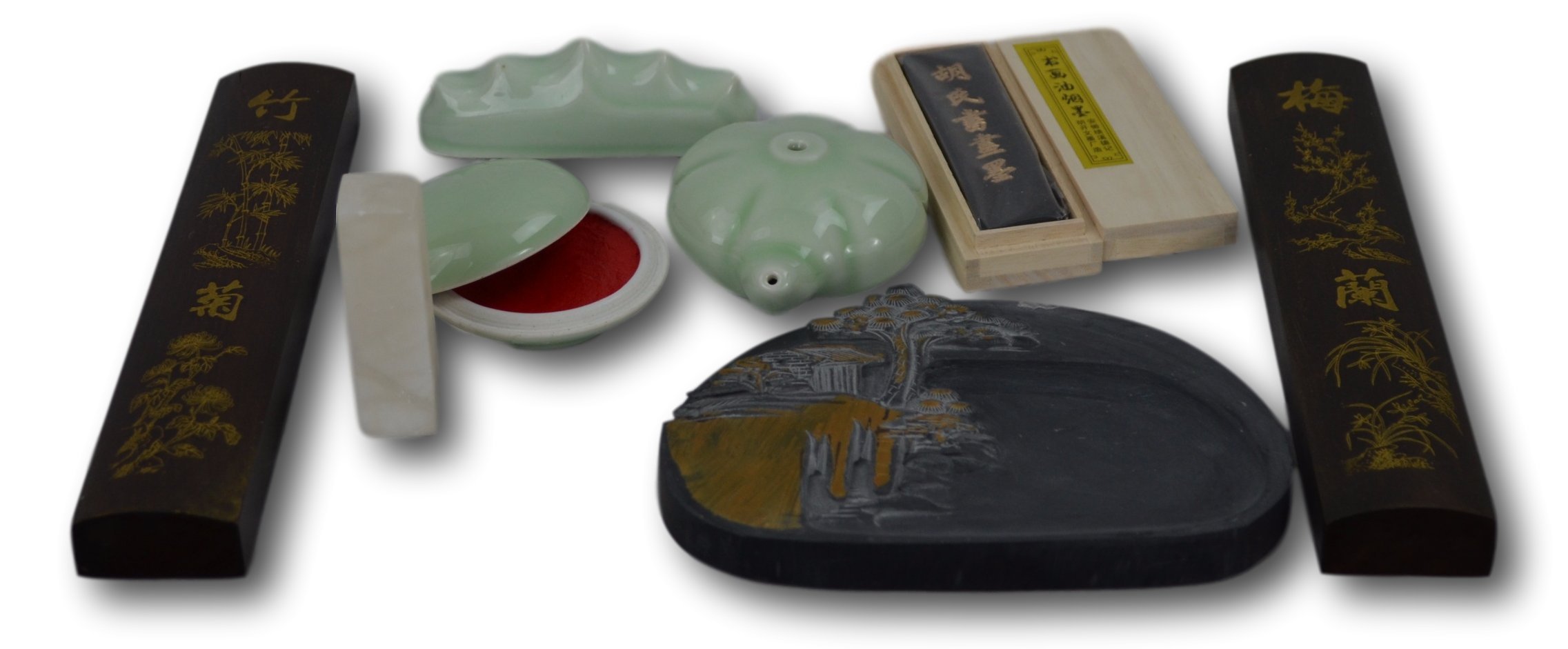 Generic Chinesische Kalligrafie Sumi-Set, Barren, Tintenstein, Jadesiegel, Briefbeschwerer, Stempelkissen-Box