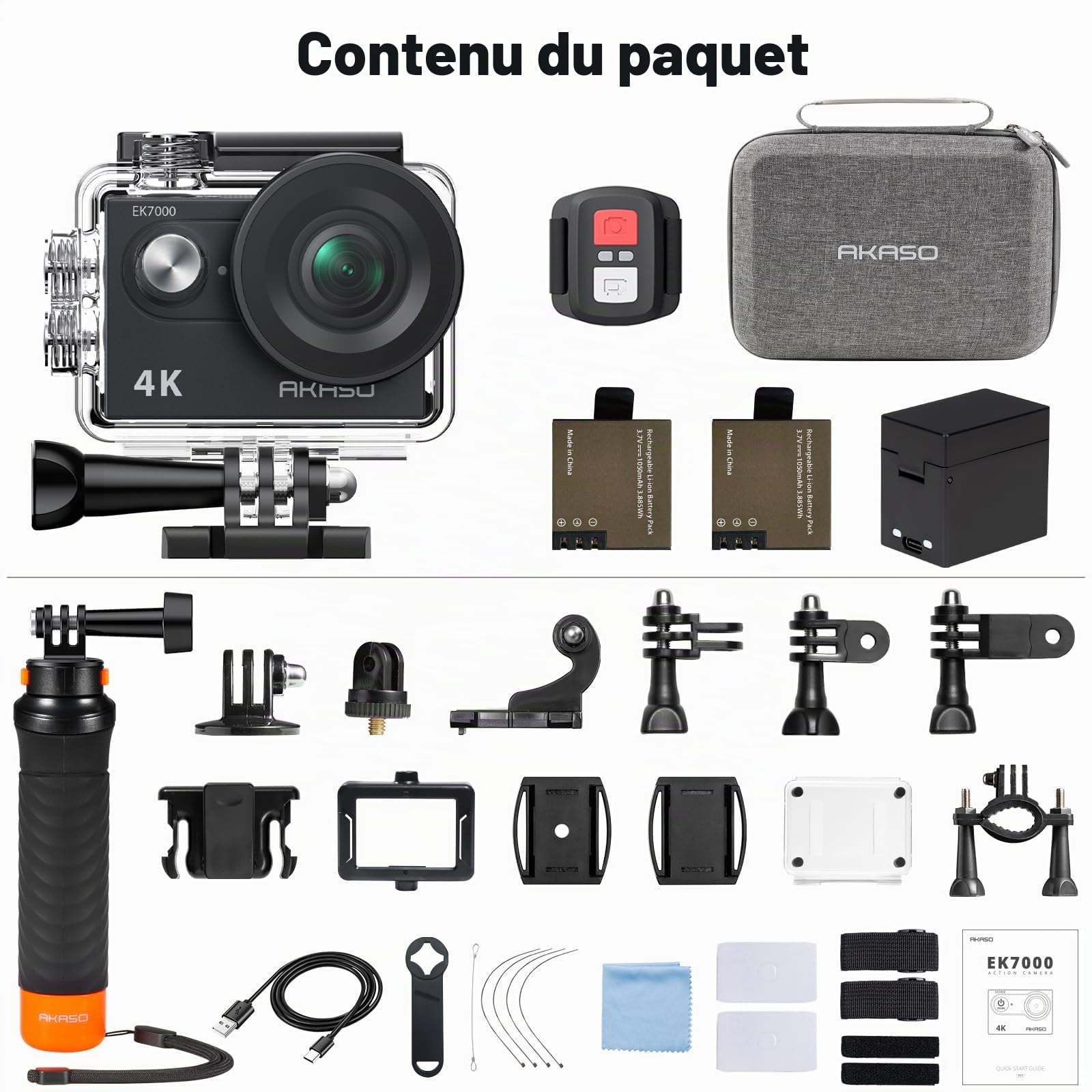 AKASO EK7000 Caméra Sport Kit de Poignée Flottant - Comprend 4K 30FPS EK7000 Action Camera, Poignée Flottant Etanche pour Camera Sport, Sac de Rangement, 2 Batteries et Plus