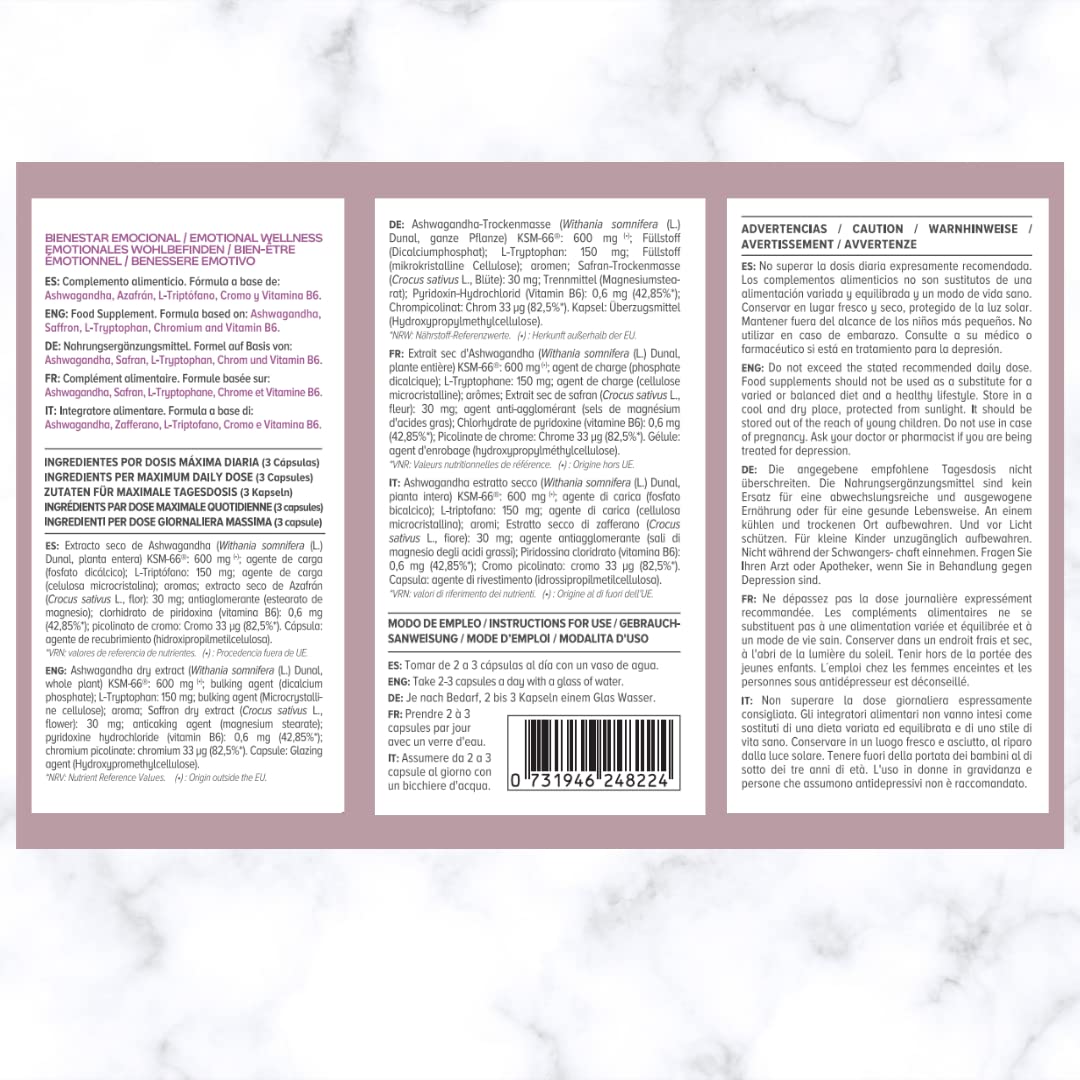 Bien-être émotionnel Unik | Anxiété, stress, supplément d'humeur | Ashwagandha KSM-66 + Safran + Tryptophane + Chrome Vitamine B6 | 60 Gélules | Lab Unik Health & Nutrition