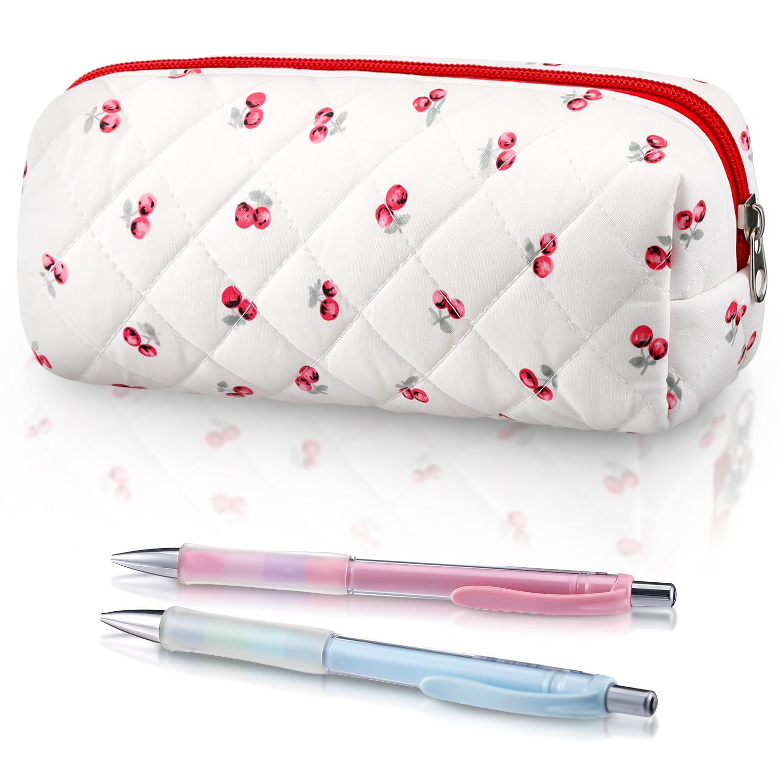 Sherr Coquette Bow Pencil Case Pink Bow Cute Pencil Pouch Soft Cotton Storage Bag Aesthetic Pattern Gift Makeup Pouch Cosmetic Travel Bag for Women, Red, White, 7.5 Inch, Cherry Style