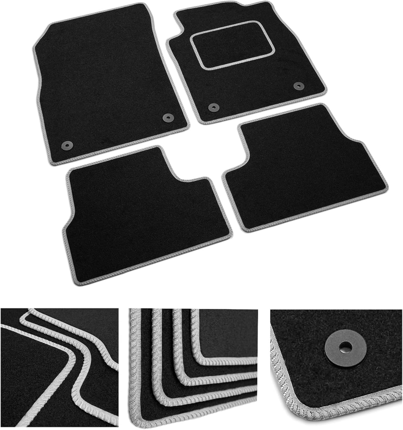 Tailored Car Mats - Compatible with Citroen C3 Aircross 2017-2025 - Black Carpet - Non-Slip Carpet Mat - 4 Piece Floor Mats with 4 Clips - Grey Trim