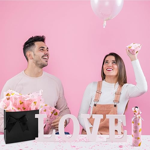 Miniatura 5 de MR FIVE 100 hojas de papel de seda rosa con corazón dorado a granel, 20 x 14 pulgadas, papel de seda con diseño de corazón dorado rosa para bolsas