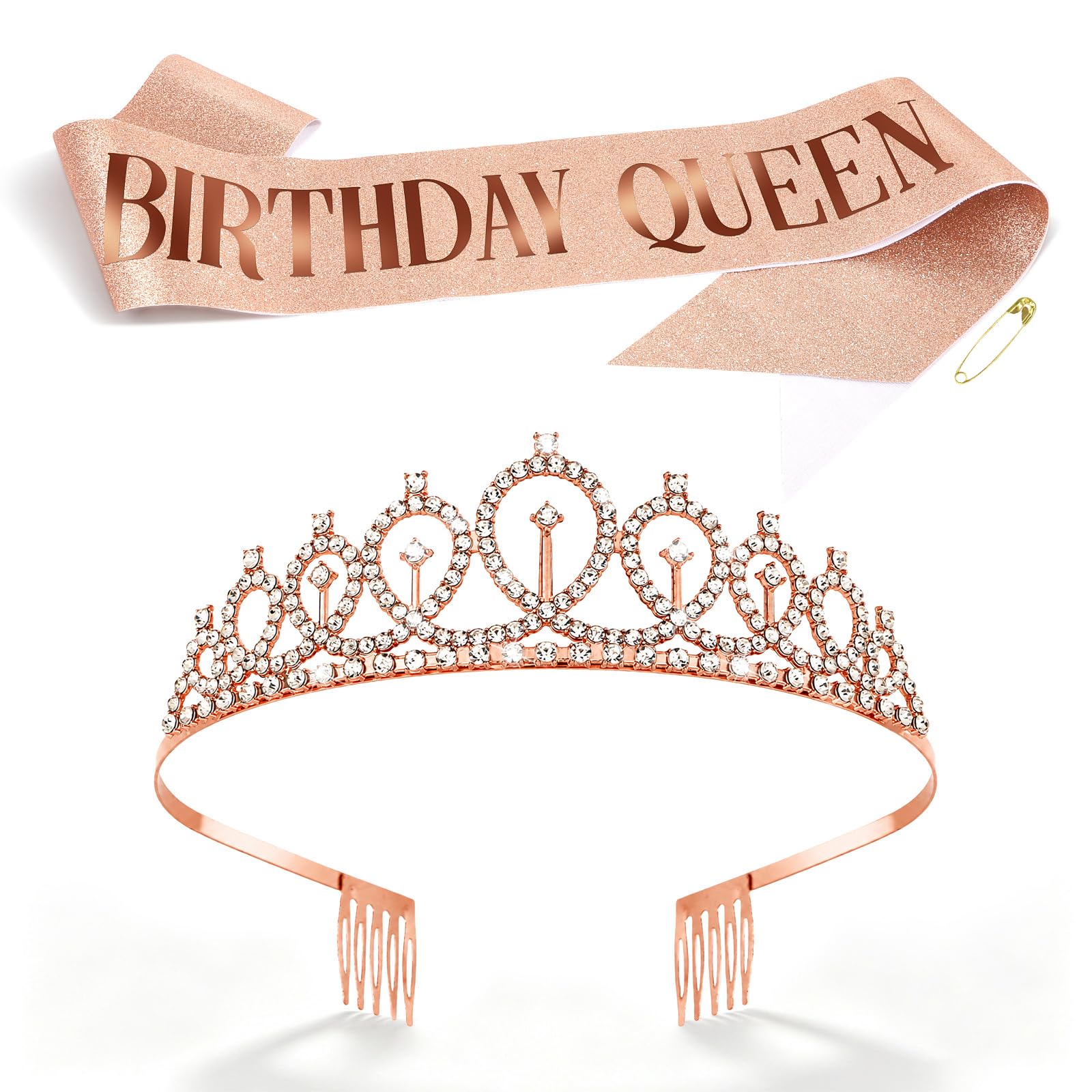 CAVETEE Birthday Queen Crown and Sash for Women, Rose Gold Rhinestone Tiara Set