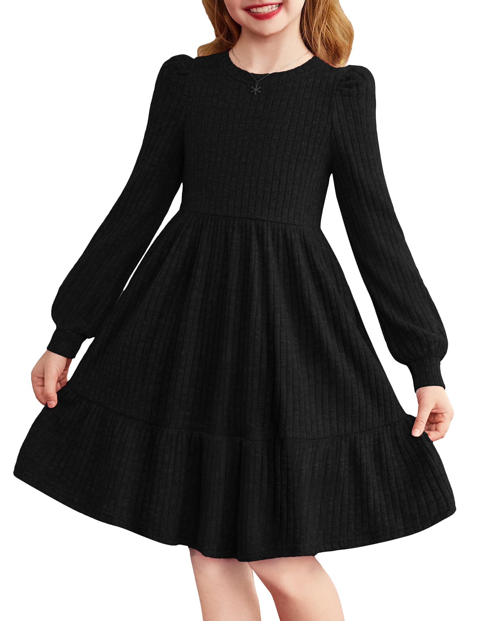 Arshiner Mädchen Pullover Kleid Puffärmel Rippenstrick Kleid Frühlingskleid Kinder Langarm Elegante Einfarbiges Festliche Kleider Rundhals A-Linien Freizeitkleid, 6-14 Jahre