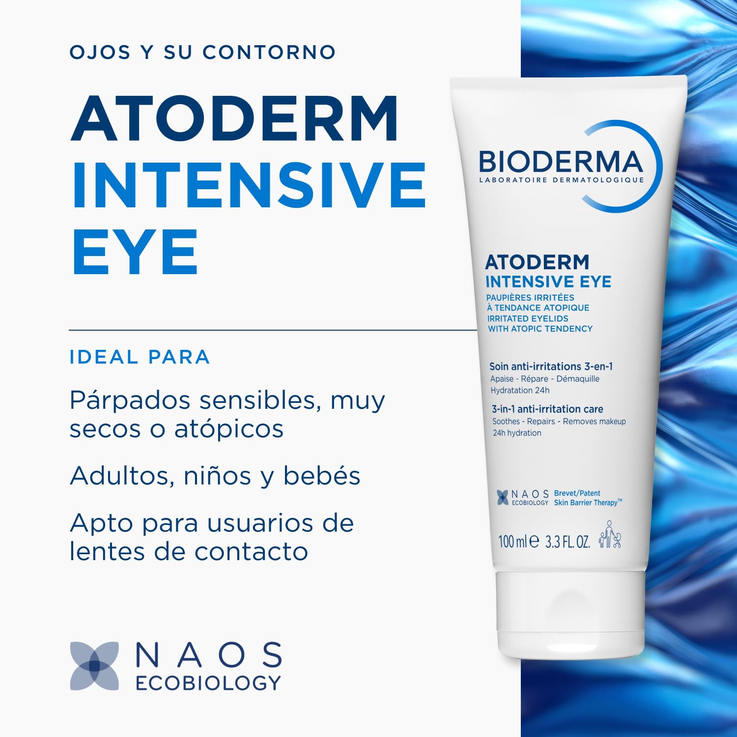 BIODERMA Atoderm Intensive Eye - Trattamento Palpebrale 3-in-1 Detergente, Lenitivo e Riparatore - Buona Base per il Trucco - Pelle molto Secca e Irritata con Tendenza Atopica - Tubo da 100 ml