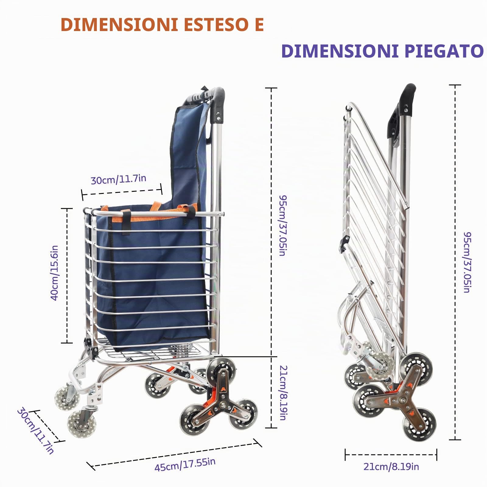 Carrello per la spesa a 8 ruote, pieghevole, con ruote girevoli, borsa impermeabile rimovibile, telaio in lega di alluminio, doppia maniglia