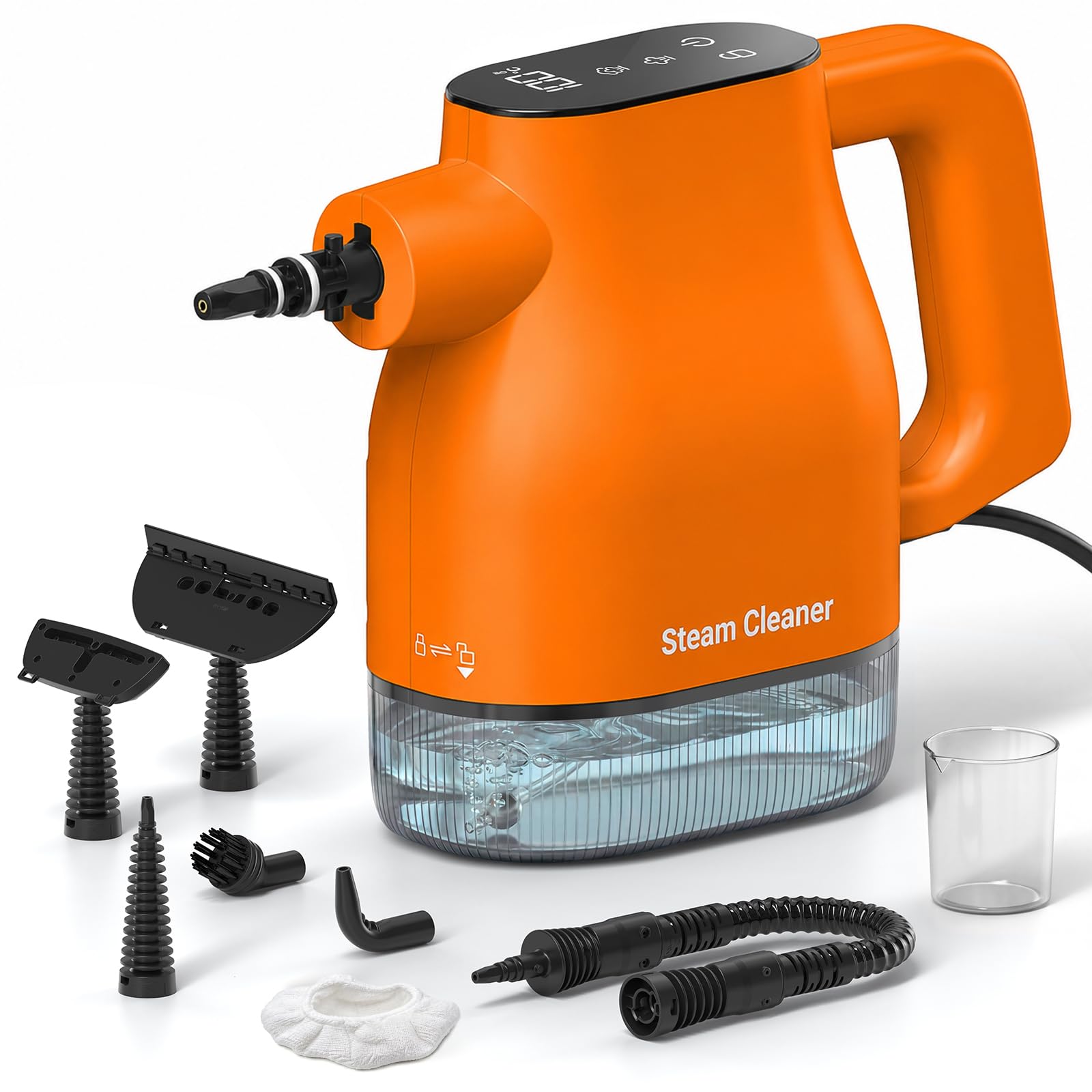 Dampfreiniger mit Smart-Touchscreen, 10 Sekunden Aufheizzeit, Orange | 400-ml-Wassertank, 4-m-Netzkabel, 2 Dampfstufen und 9-teiliges Zubehör – Dampfreiniger für Küche, Bad, Fliesen und Fugen