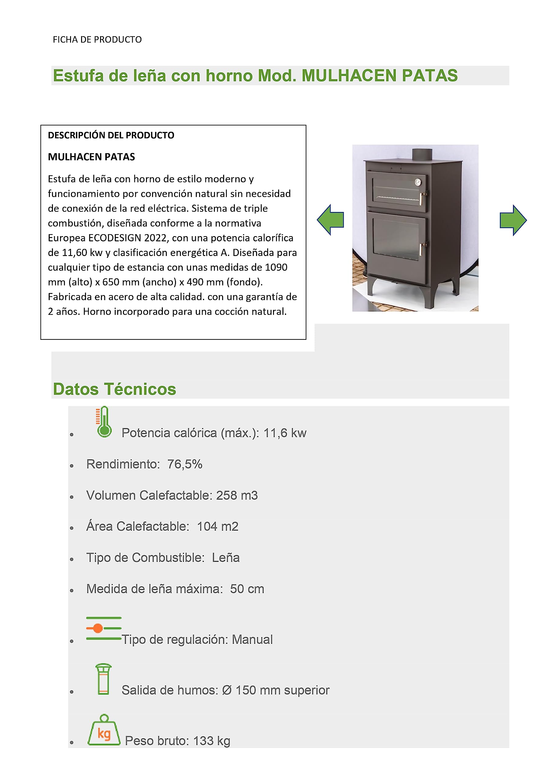 Stufa a Legna con Forno MULHACEN con Piedi da 11,60 kW con Griglia e Teglia in Acciaio Inox per Cotture