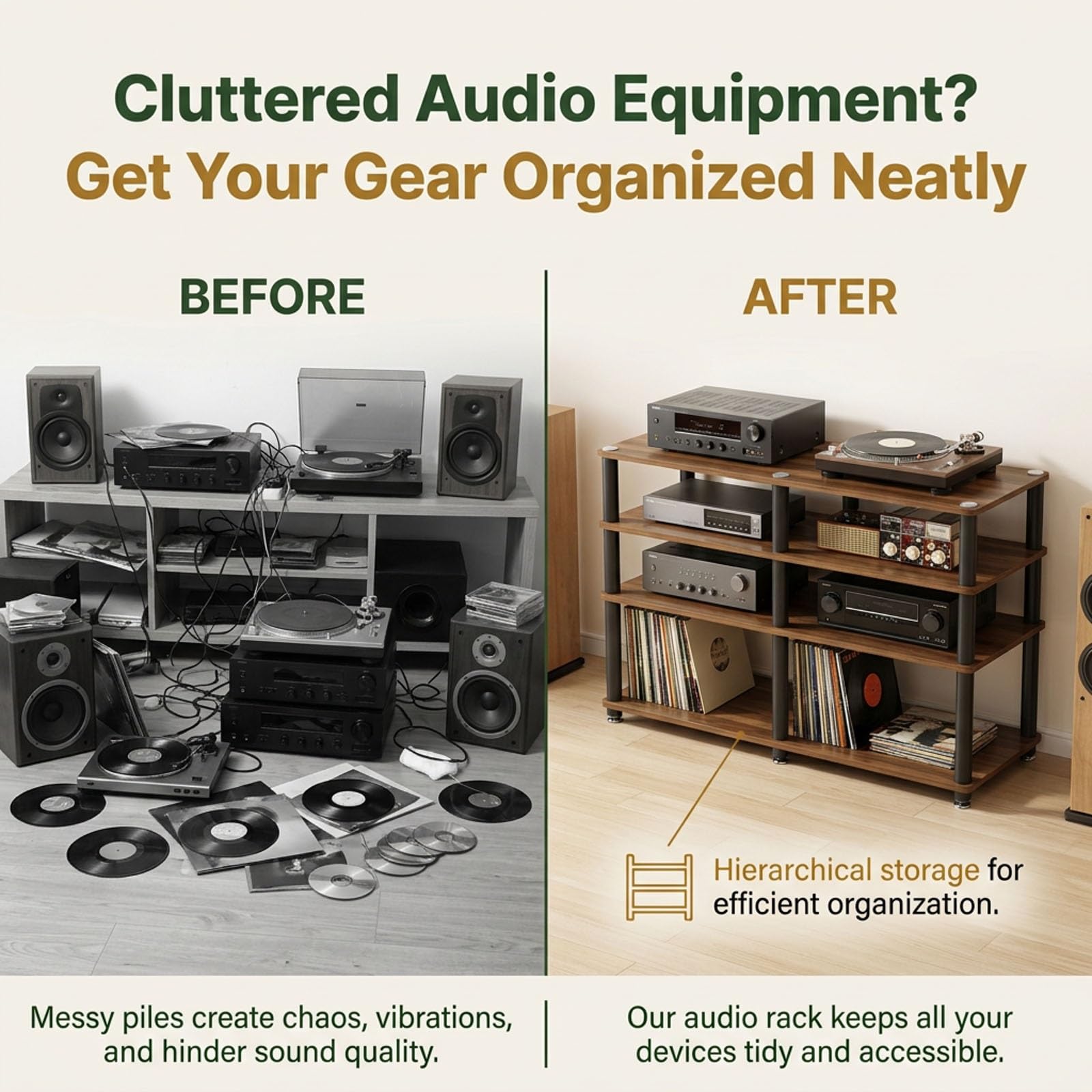 Stereo Stand with Wood Shelves, 4-Tier Audio Rack for Home Theater