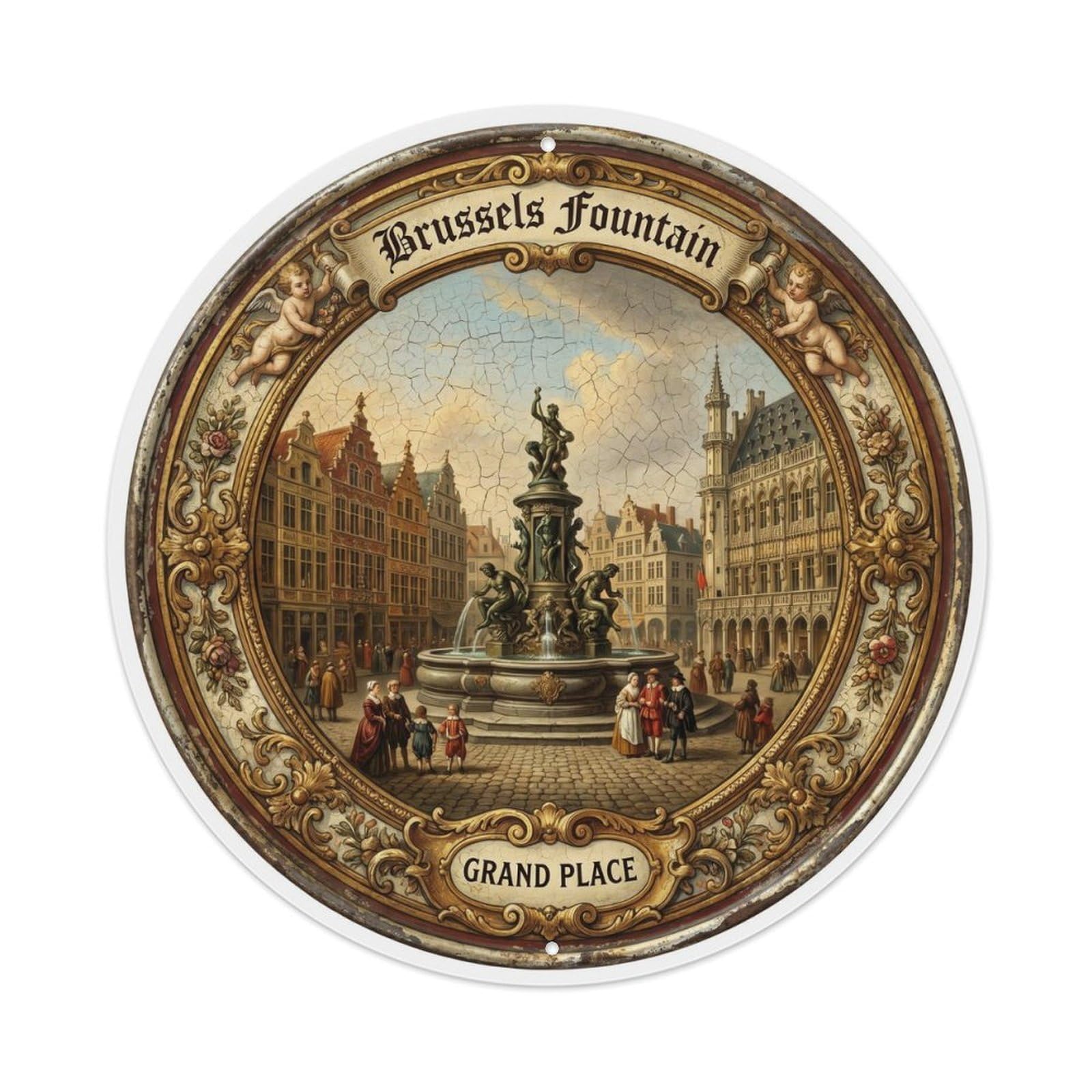 Vintage Travel Brussels Fountain Grand Place Metal Tin Sign