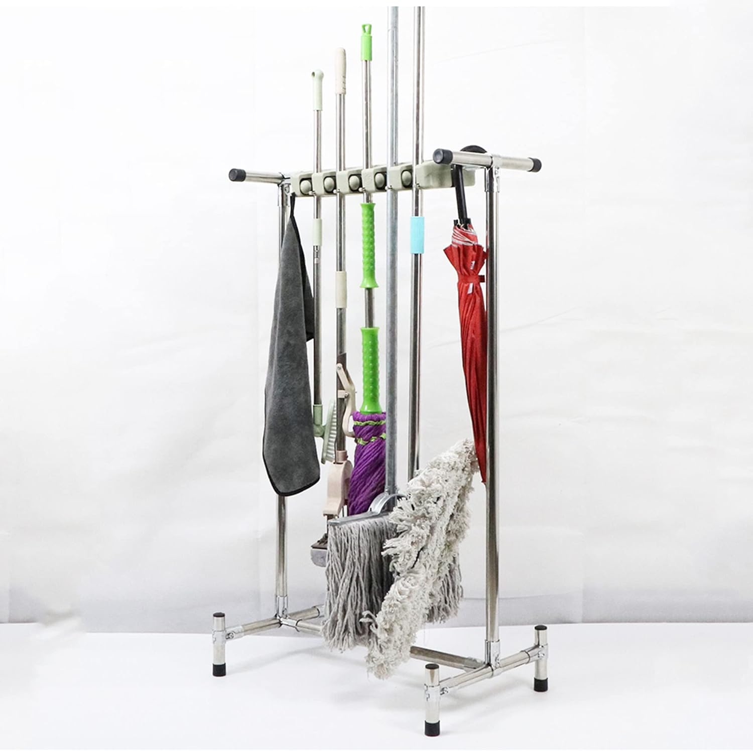 Racks Movable Broom Holder,Commercial Mop Rack,Cleaning Tool Storage,Cleaning Supplies Organizer,Umbrella Stand,Stainless Steel Floor Standing Mop Drain Rack,for Garden,Garage,Schools,Factories