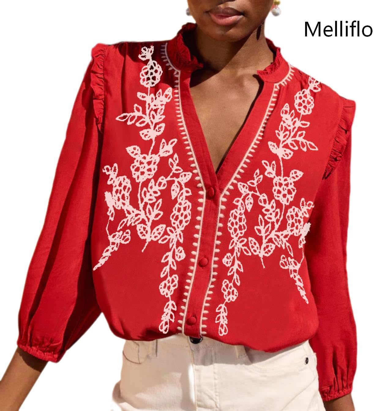 Melliflo Embroidered Tops for Women 3/4 Sleeve Peasant Blouse V Neck Button Down Shirts Dressy Casual