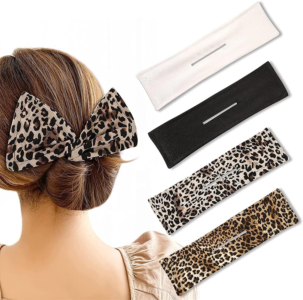 SYOSI Magic French Twist Hair Bun Maker Clip – Leopard Print Fast Hair Tool for Women with Large Elastics, Bow Scrunchies & Accessories for Chignon Styling